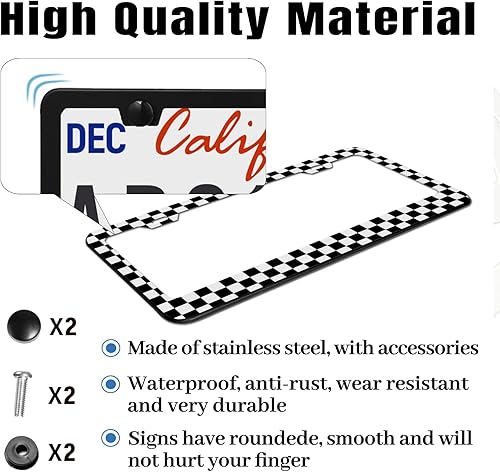 Miniatura 2 de Marco de matrícula de tablero de ajedrez blanco y negro con bandera de carrera a cuadros para automóvil, accesorios de acero inoxidable para