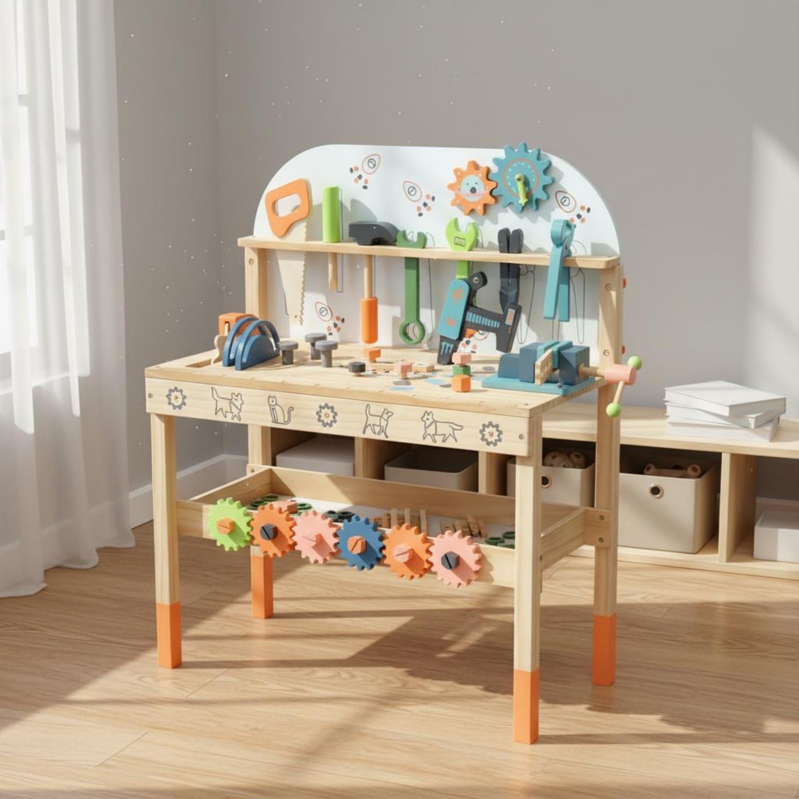 Gralara Kinder-Werkbank Aus Holz Realistisches Spielzeug Kinderwerkbank Lernspielzeug, Kompakte Werkbank In Grau Mit Holzdetails