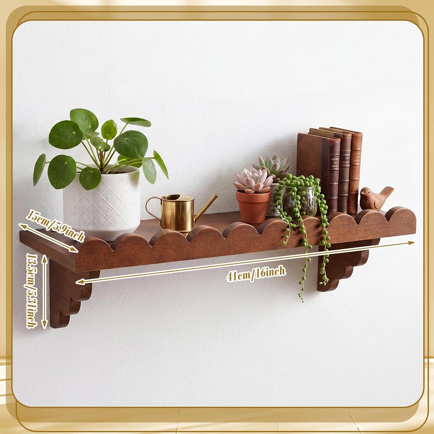 Pinkunn 4 Pcs Scalloped Wood Floating Shelves for Wall, Brown, 16 Inches image 3