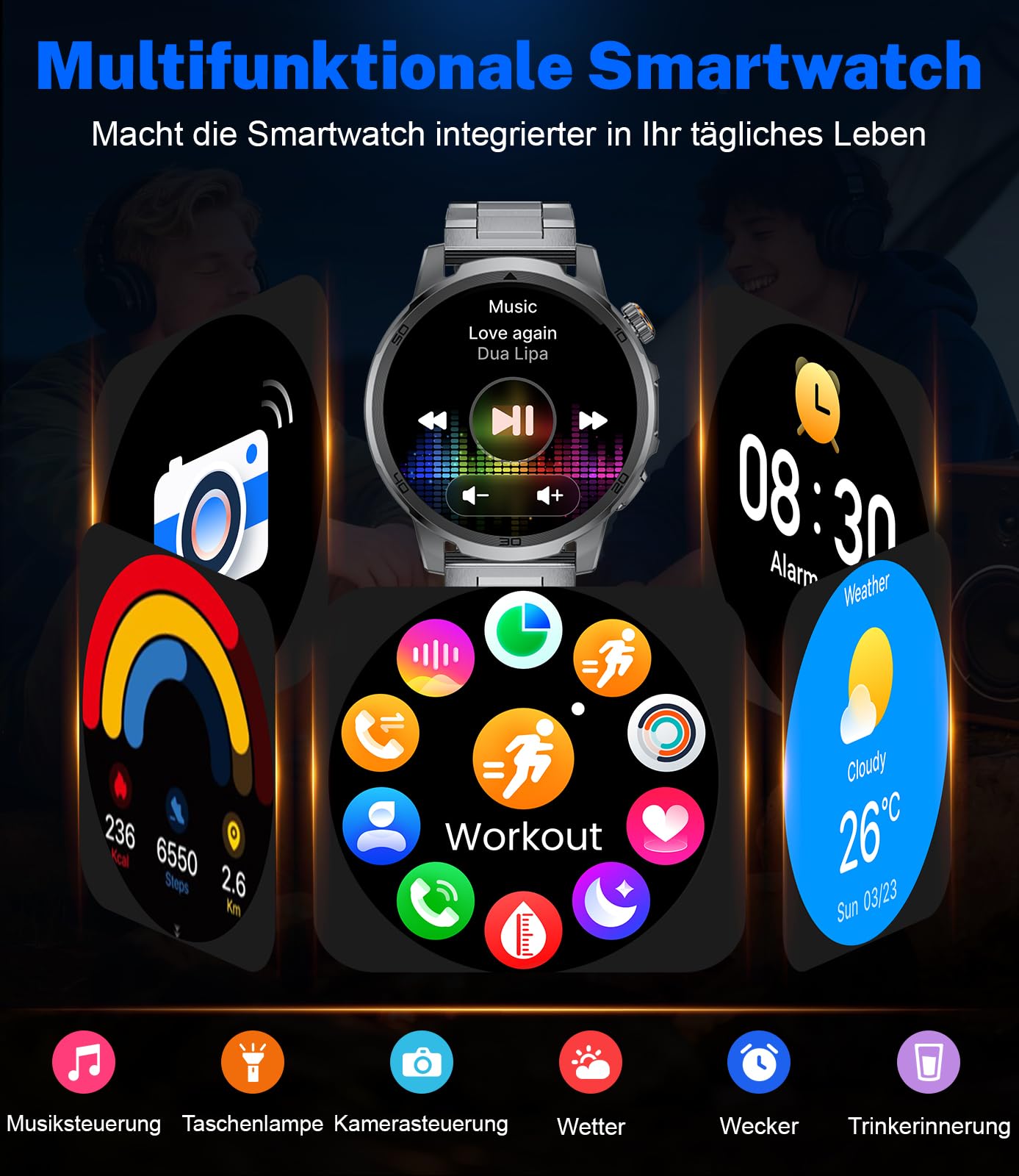 Smartwatch Herren mit 1000 mAh, 1,85" HD Großes Touchscreen Militär Uhr Smartwatch mit LED Licht, Telefonfunktion, Herzfrequenz, Schlafmonitor, IP68, 110+Sportmodi Fitnessuhr für iOS/Android