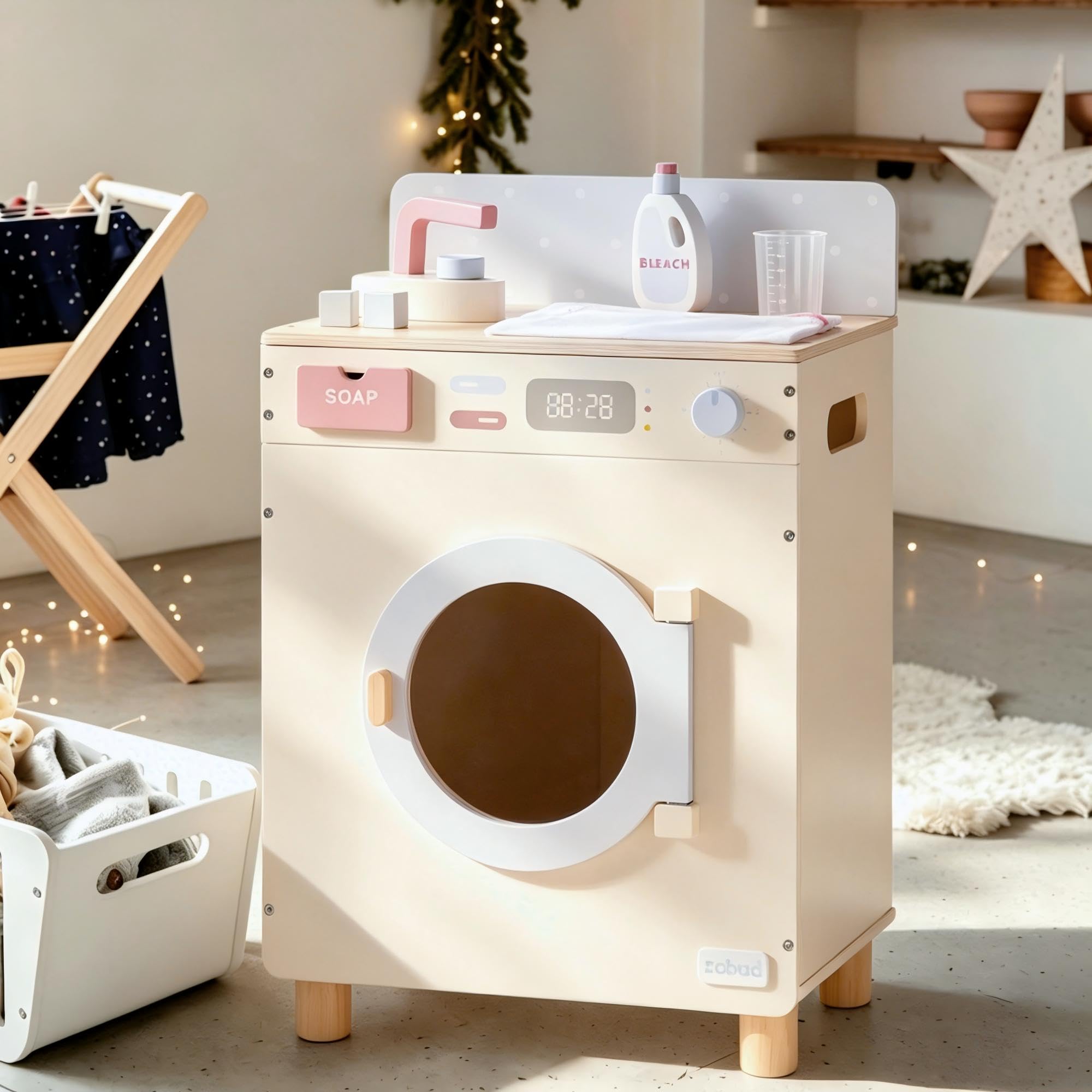ROBUD TOY Washing Machine Kitchen Playset, Wooden Kids Washer with Iron, Laundry Bag & Accessories, Toddler Pretend Play Kitchen Gift for Boys & Girls Age 3+