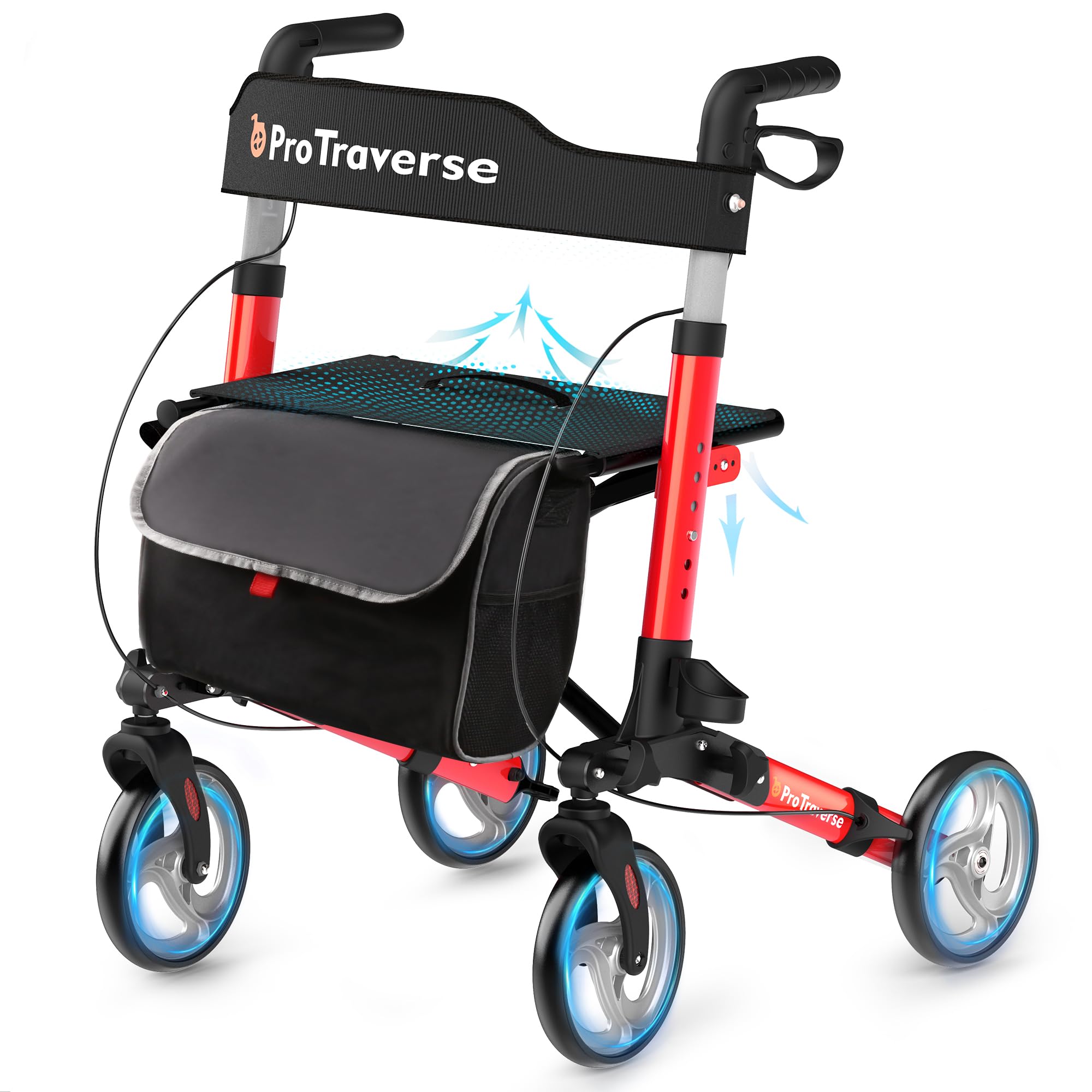 ProTraverse Foldable Rollator Walker with Seat, Standard Height Lightweight Rollator with Large Wheels, Folding Rolling Walker for Seniors, Walker Rollator with Seat, Red