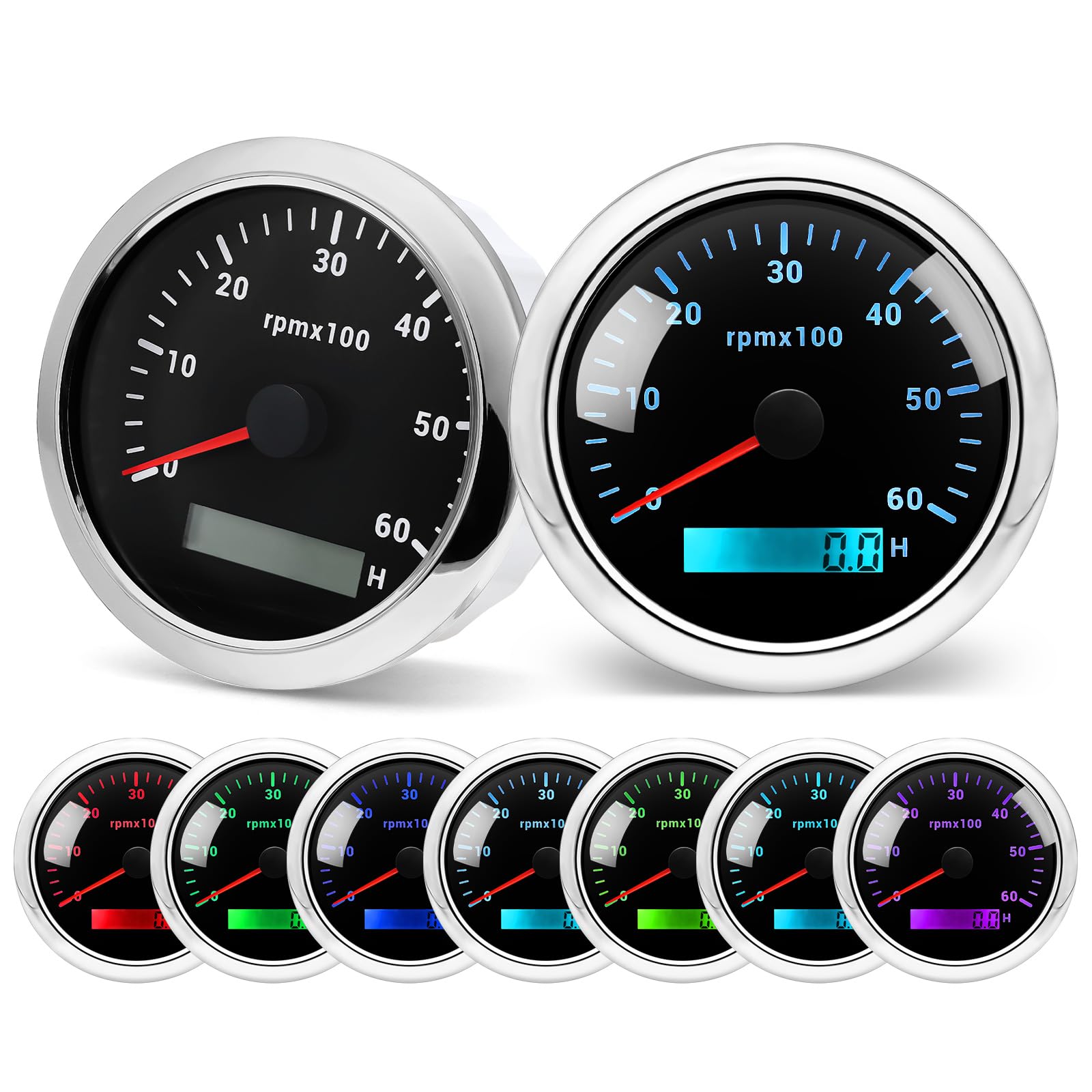 Compte-tours 85 mm 0-6000 tr/min étanche avec compteur d'heures de fonctionnement rétroéclairage 7 couleurs pour voiture, bateau, camion, moteur diesel et essence