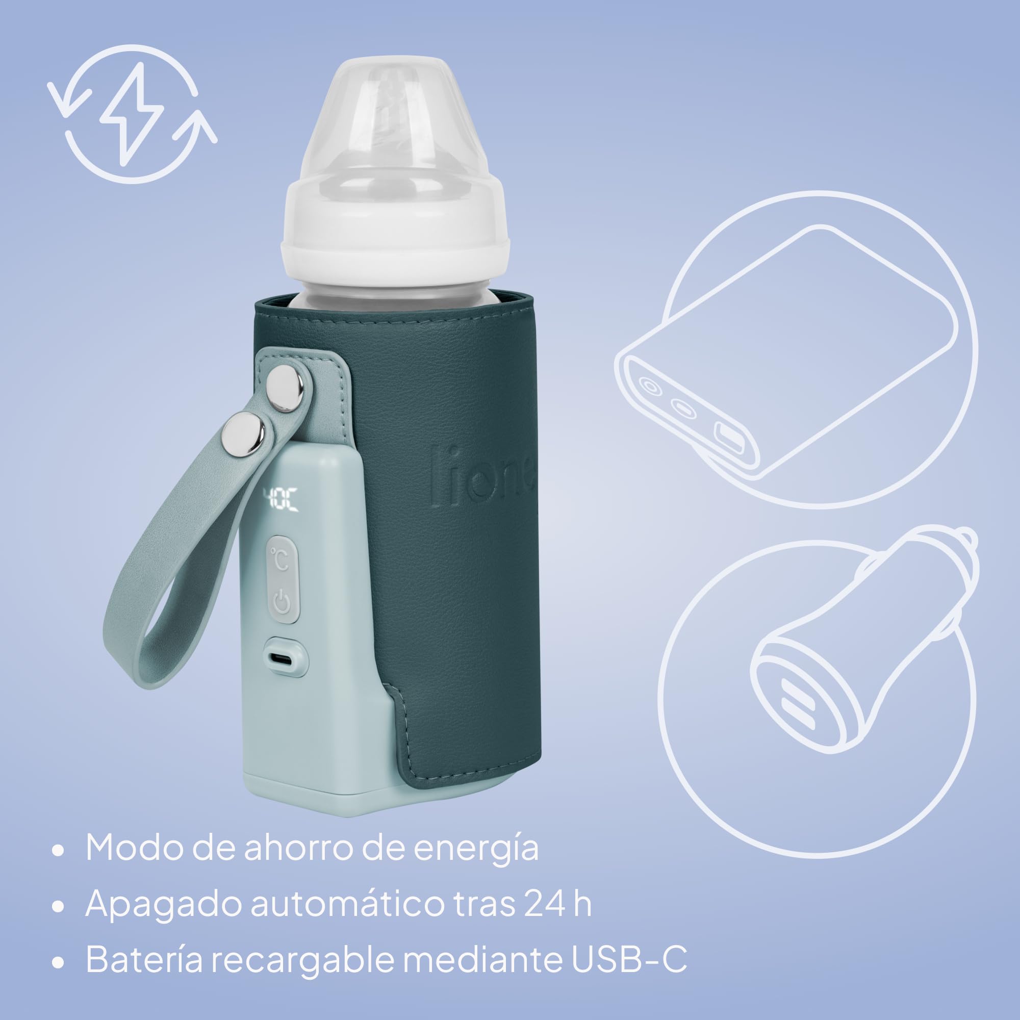 LIONELO Thermup Go Plus Calientabiberones Portátil, Mantiene los Líquidos Calientes, 5 Temperaturas de Funcionamiento de 38 a 50 C, Carga USB, 8h de Funcionamiento Pantalla LCD Silenciosa