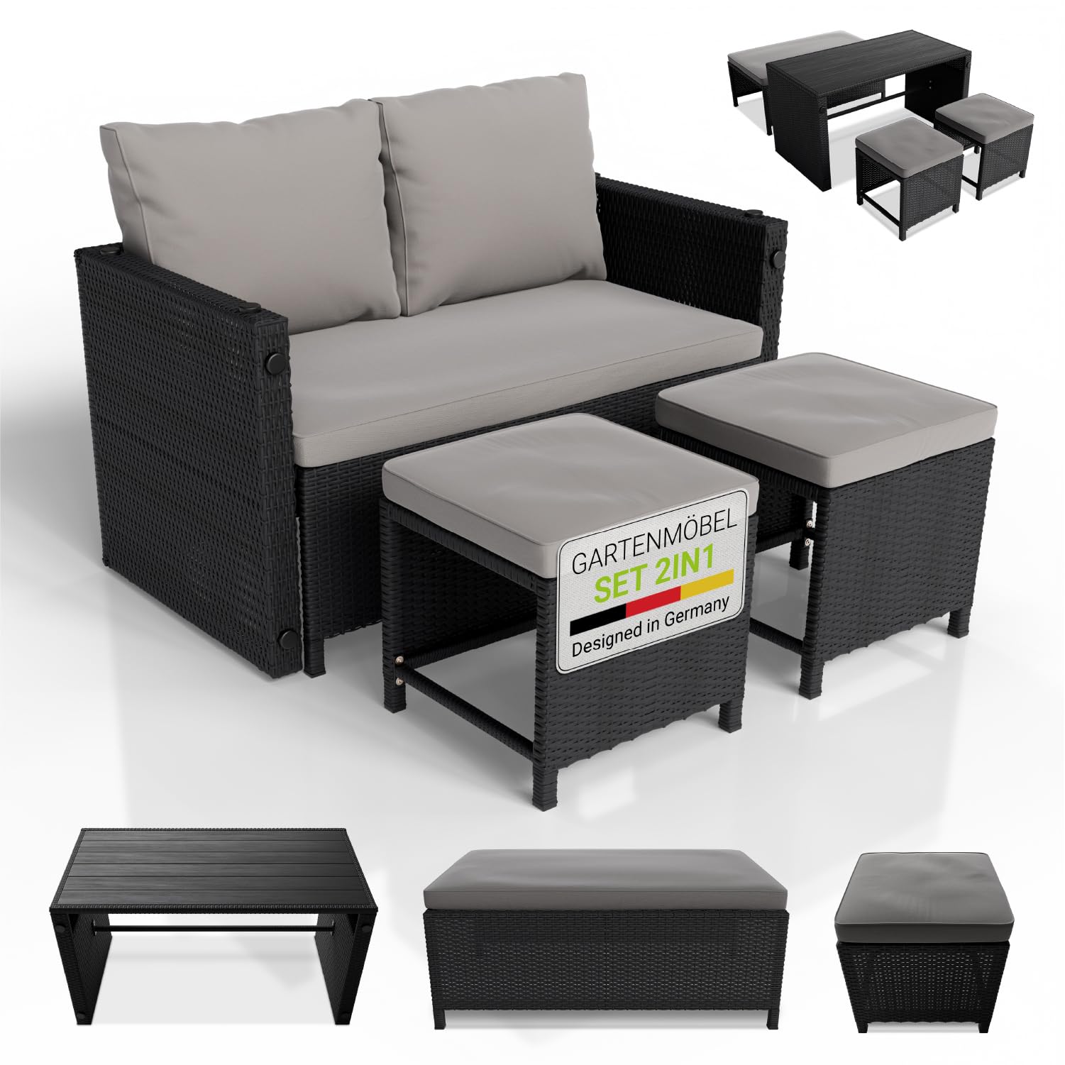 Juskys 2in1 Polyrattan Relax Gartenmöbel Set Jamaika - Tisch, Gartenlounge Sofa
