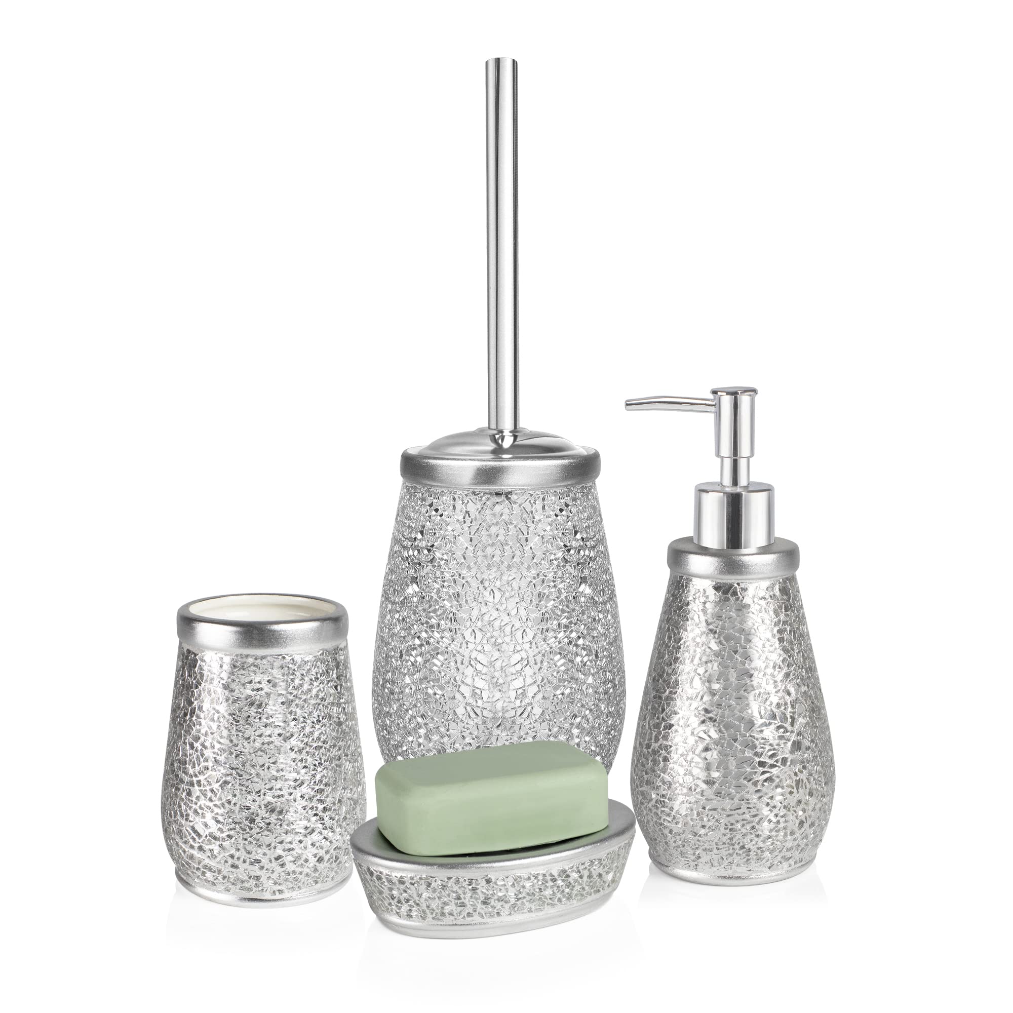 Vaso Cepillo Dientes baño | Serie Trencadis Plata | Resina y Cristal | Color Plata | para baño o Cocina | 8 cm ∅ x 12 cm Alto