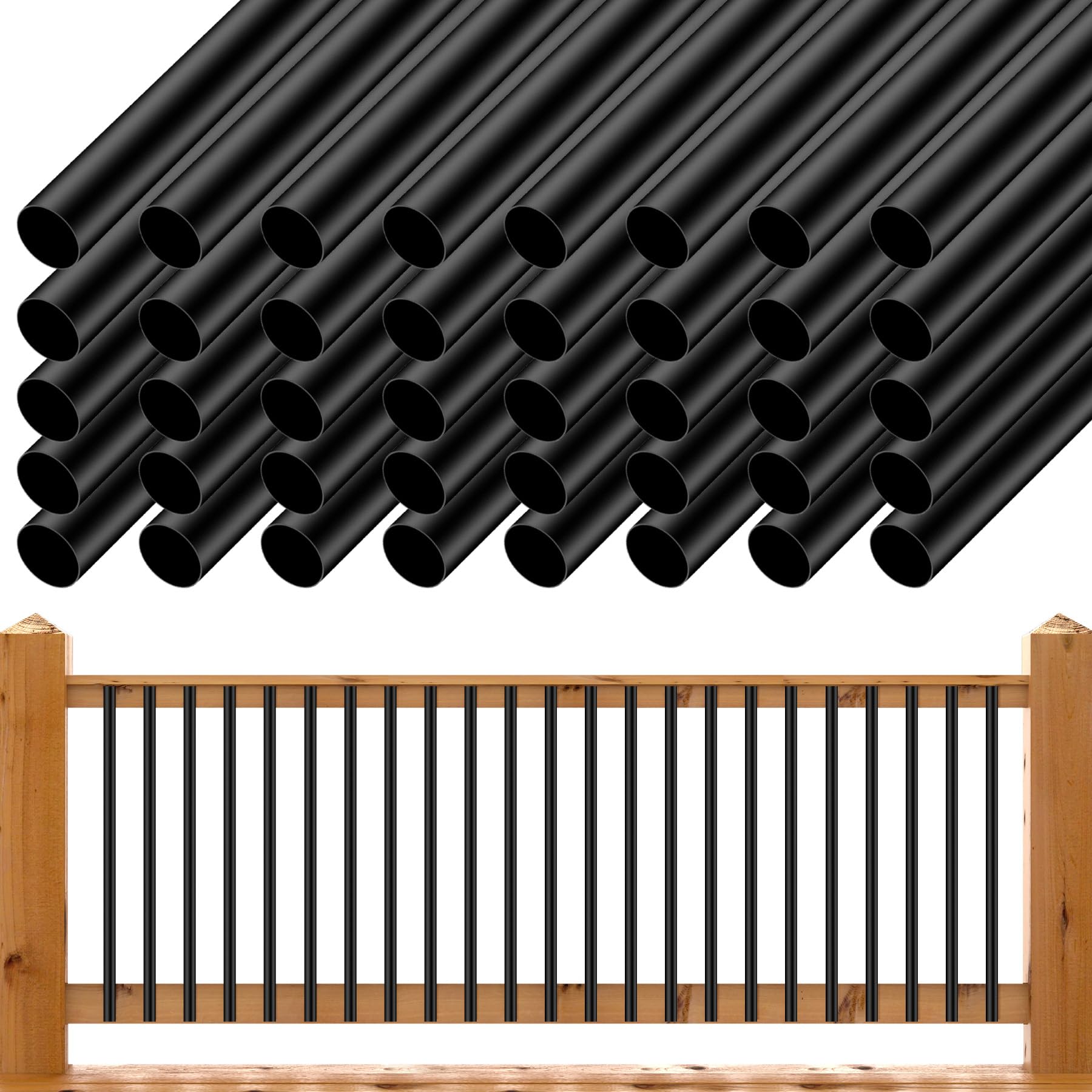50 Pack 36" Deck Balusters, 3/4'' Round Black Deck Railing Staircase Balusters, Hollow Round Metal Deck Spindles, Indoor Outdoor Balusters for Deck Porch Staircase Fencing