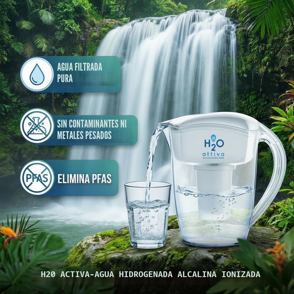 Filtro de agua activo H2O, agua hidratada, alcalino, ionizado, limpiado naturalmente, alto valor de pH, 1 filtro de larga duración, sistema de filtración multietapa, Tritan, sin BPA, capacidad de 3,5