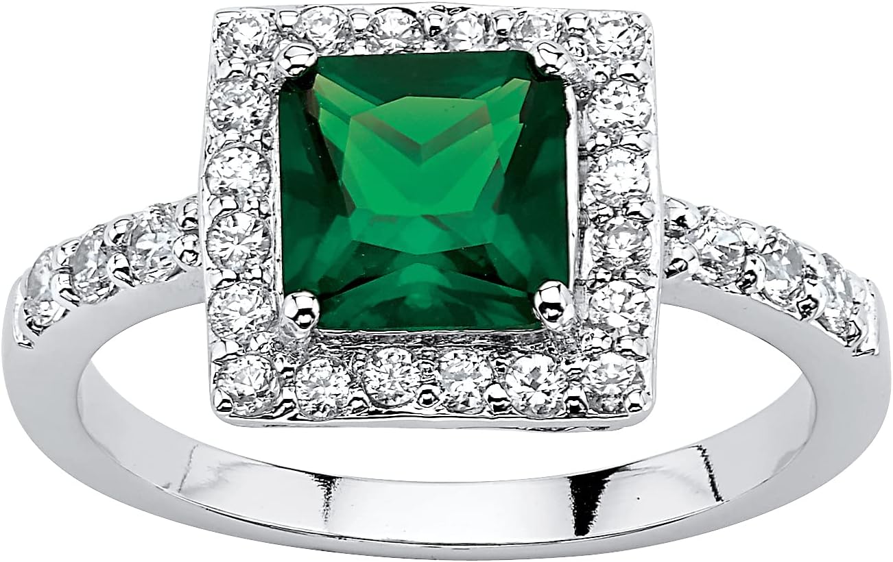 PalmBeach Sterling Silver Princess Cut Simulated Birthstone and Round Crystals Halo Ring Sizes 5-10