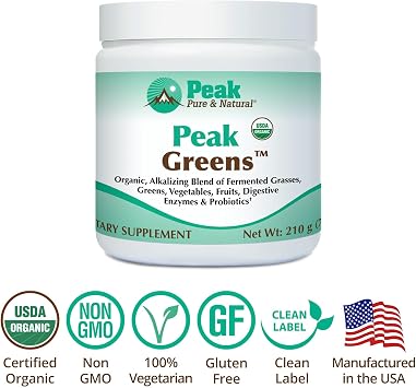 Peak Pure & Natural Peak Greens Support pH Balance and Alkalinity | Superfood Green Drink Powder | Blend of Fermented Grass, Vegetable, Fruit | Digestive Enzyme & Probiotic Powder