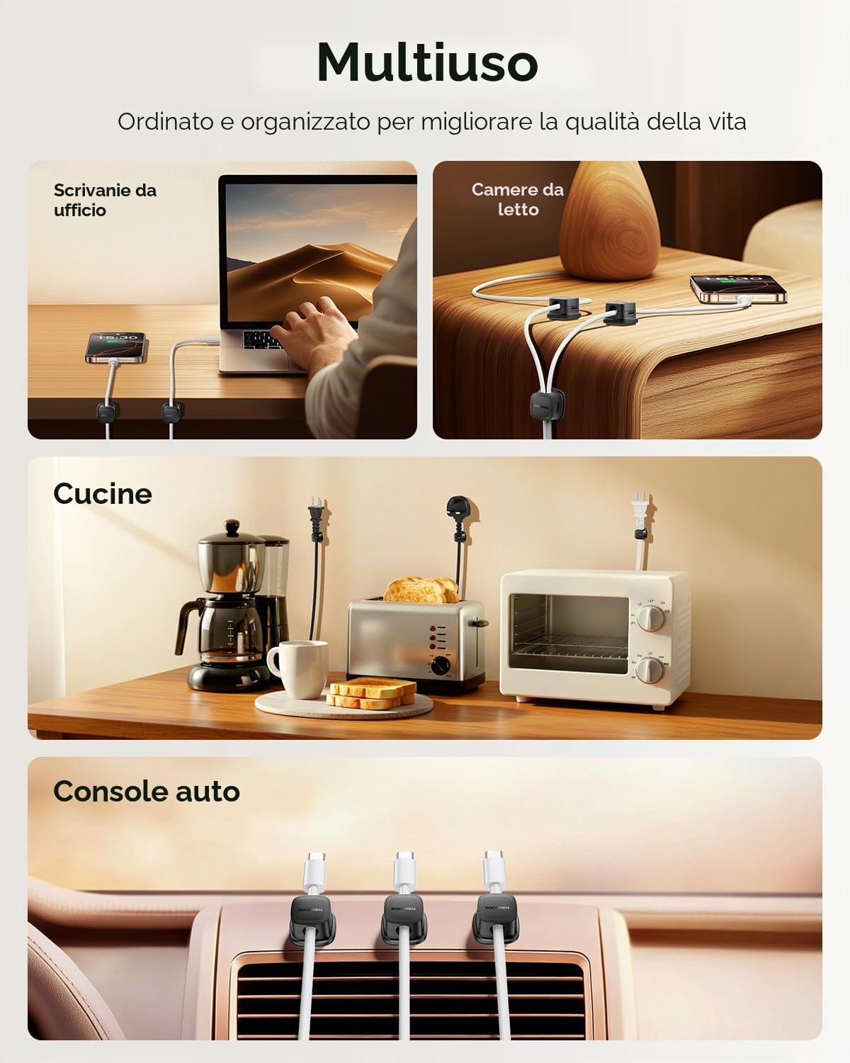 Rocoren 30 Pezzi Ferma Cavi Adesivi, Supporto Magnetici per Cavi, Organizer per Cavi per Scrivania, Parete, Casa, Ufficio, Auto, Compatibile con Cavo di Alimentazione, HDMI, Cavo di Ricarica (Nero)