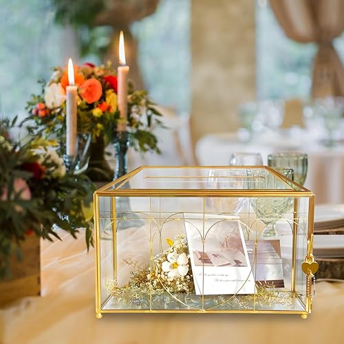Miniatura 8 de ZOZBIUNO Caja de tarjeta de boda Glod de 10.4 pulgadas con cerradura y ranura Caja de tarjeta de fiesta de vidrio grande para recepción Diseño de