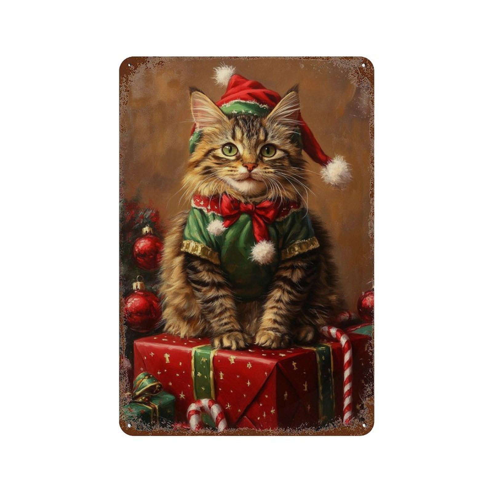 Christmas Cat Portrait 11.8"x7.9" Weathered Tin Sign, Rustic Home Decor for Living Room, Hallway And Home Decor