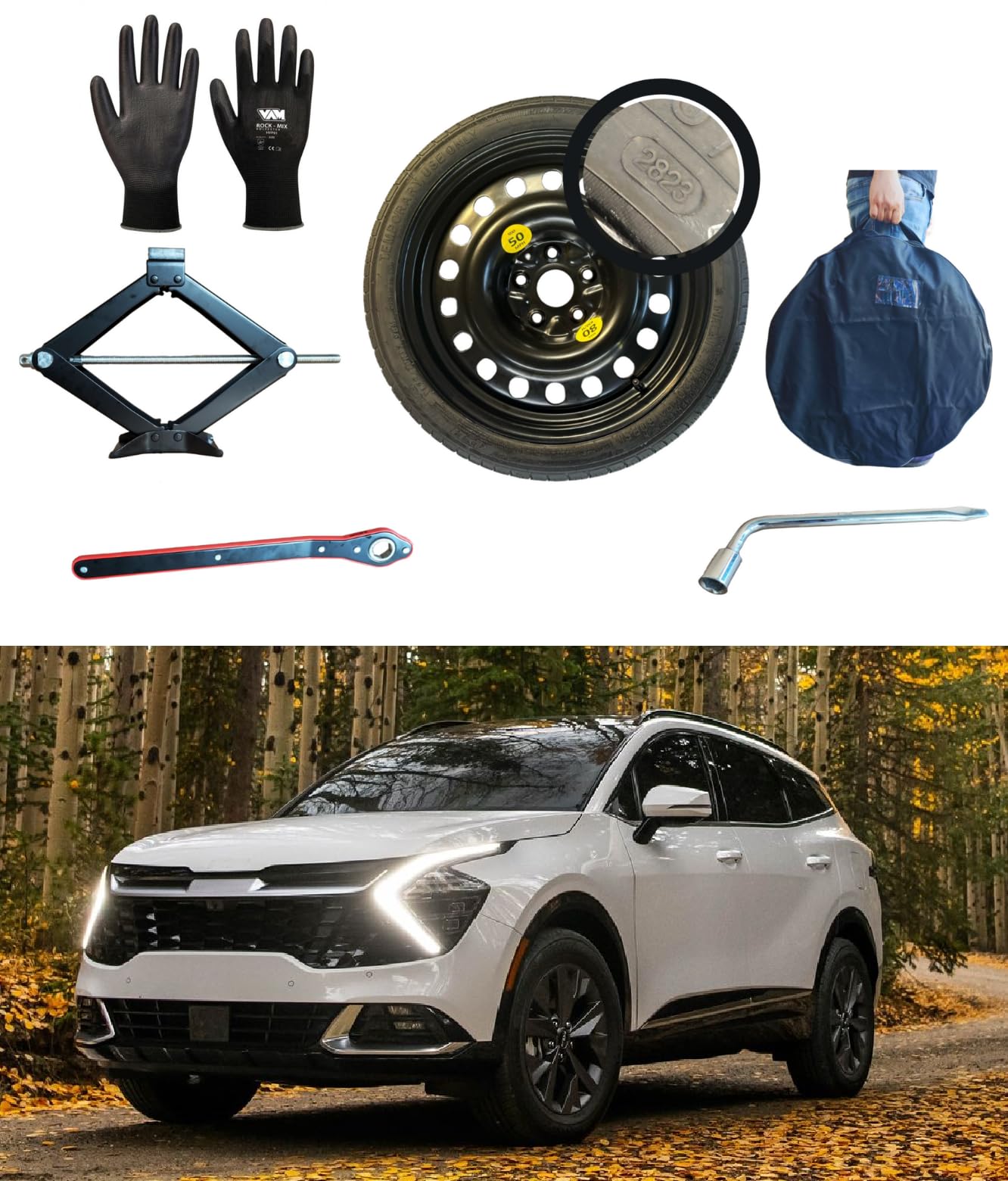 Kit Ruotino di Scorta 17" compatibile con Kia Sportage con Cric, Chiave, Guanti e Sacca 135/80r17