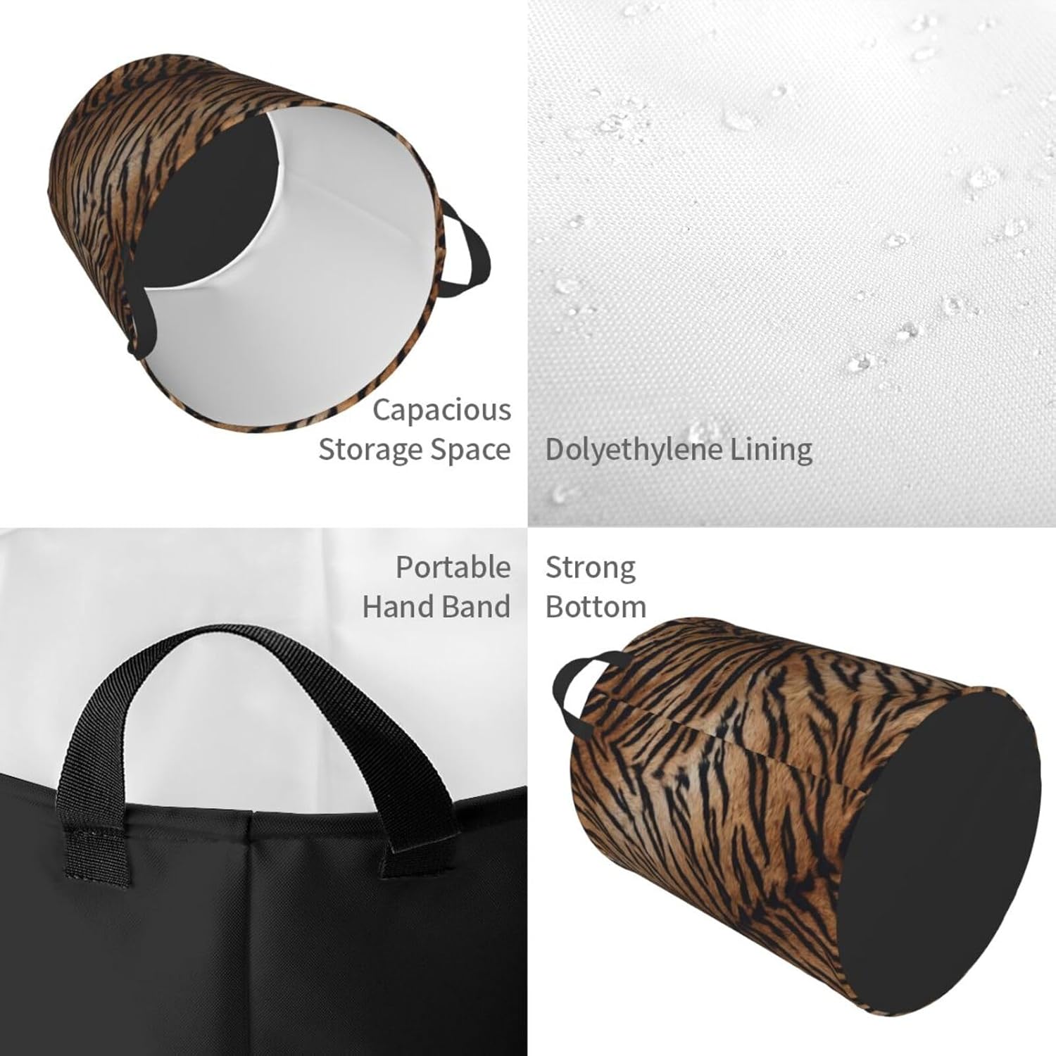Tiger Texture Round Laundry Hamper Natural Animal Skin Print Storage Basket Toys Clothes Organizer Bin For Home Bathroom Bedroom Dorm Nursery, 62l