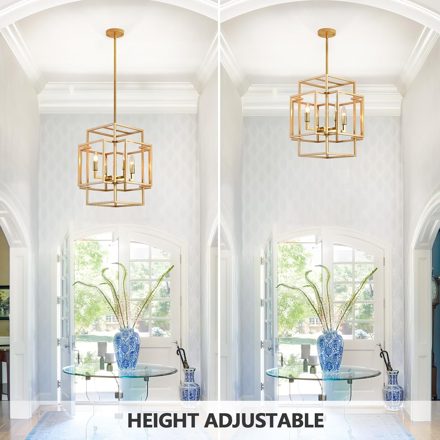 4-Light Gold Chandelier, Farmhouse Foyer Lighting Fixtures Industrial Ceiling Lantern Pendant Light, Hanging Pendant Lights Kitchen Island, for Entryway Kitchen Island Staircase Hallway