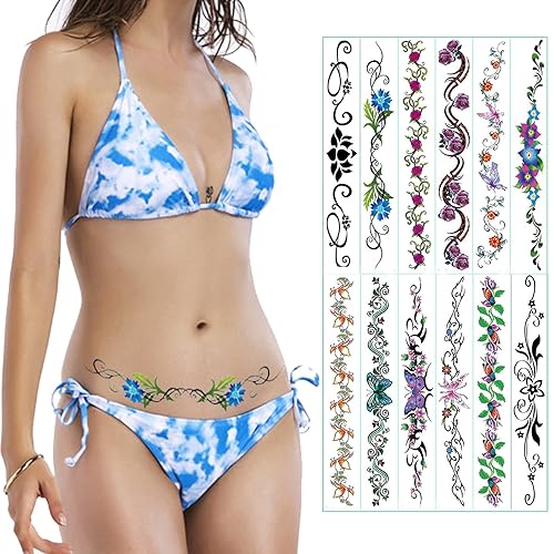 12 hojas de calcomanías de tatuajes temporales para ombligo de flores, estilos de mariposa sexy, vientre, abdomen, cintura, espalda, impermeables,