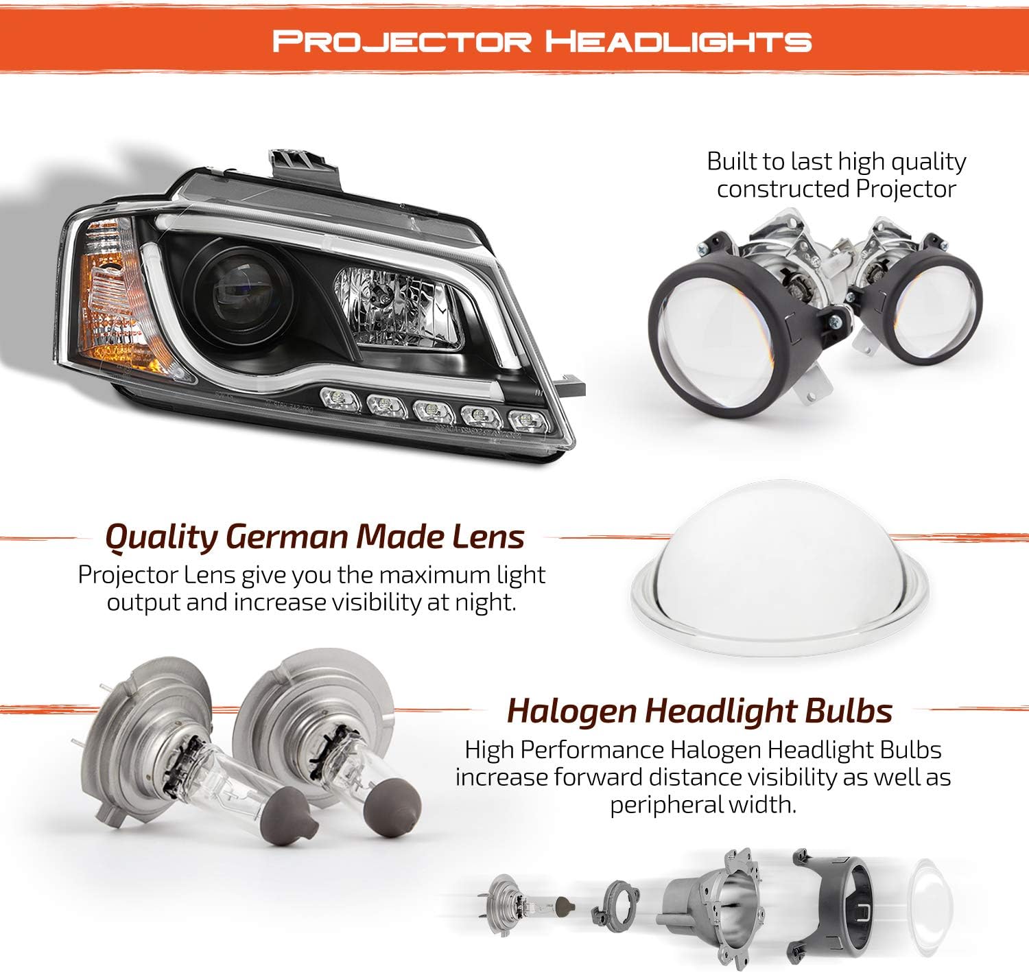 AKKON - For 2009-2012 Audi A3 Projector Headlights w/Premium LED Tube DRL Daytime Running Light - Black Housing