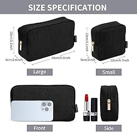 MAGEFY Makeup Bag 2 Pcs Corduroy Cosmetic Bag Mini Big Makeup Bags for Women Travel Pouch with Slip-in Pockets EcoBlack