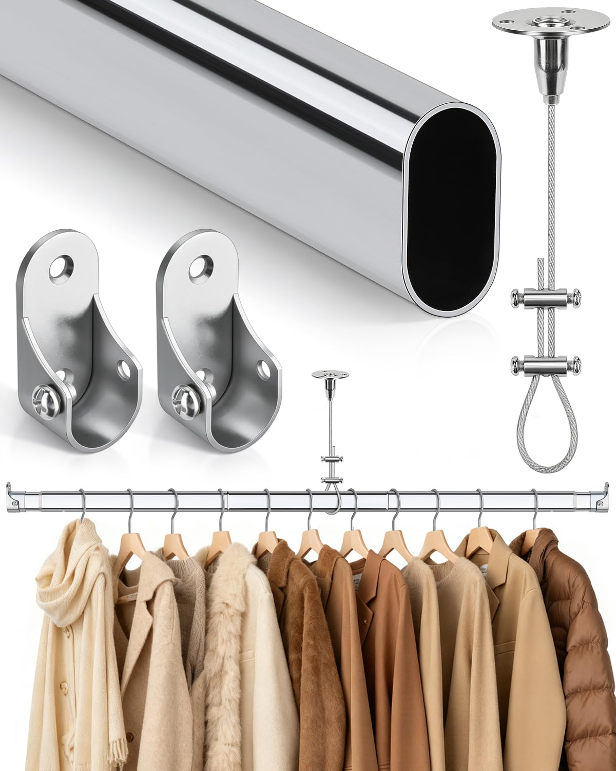 Photo 1 of LOMILD Premium Oval Closet Rod for Hanging Clothes 51"-70"- Heavy Duty, Length Adjustable, No-cut