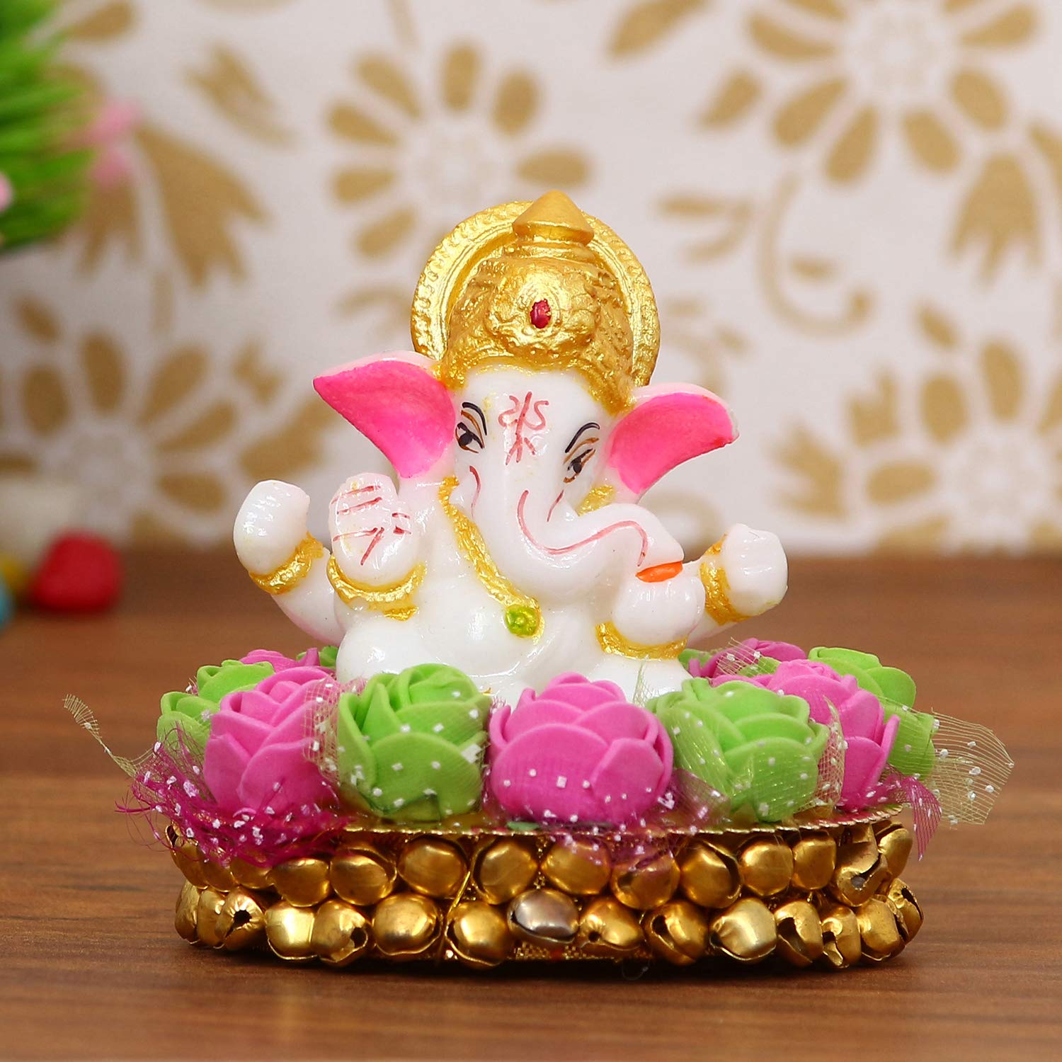 eCraftIndia Golden and White Polyresin Lord Ganesha Idol On Decorative Handcrafted Plate with Pink & Green Flowers - God Idol for Car Dashboard, Home, Office Decor for Ganesh Chaturthi