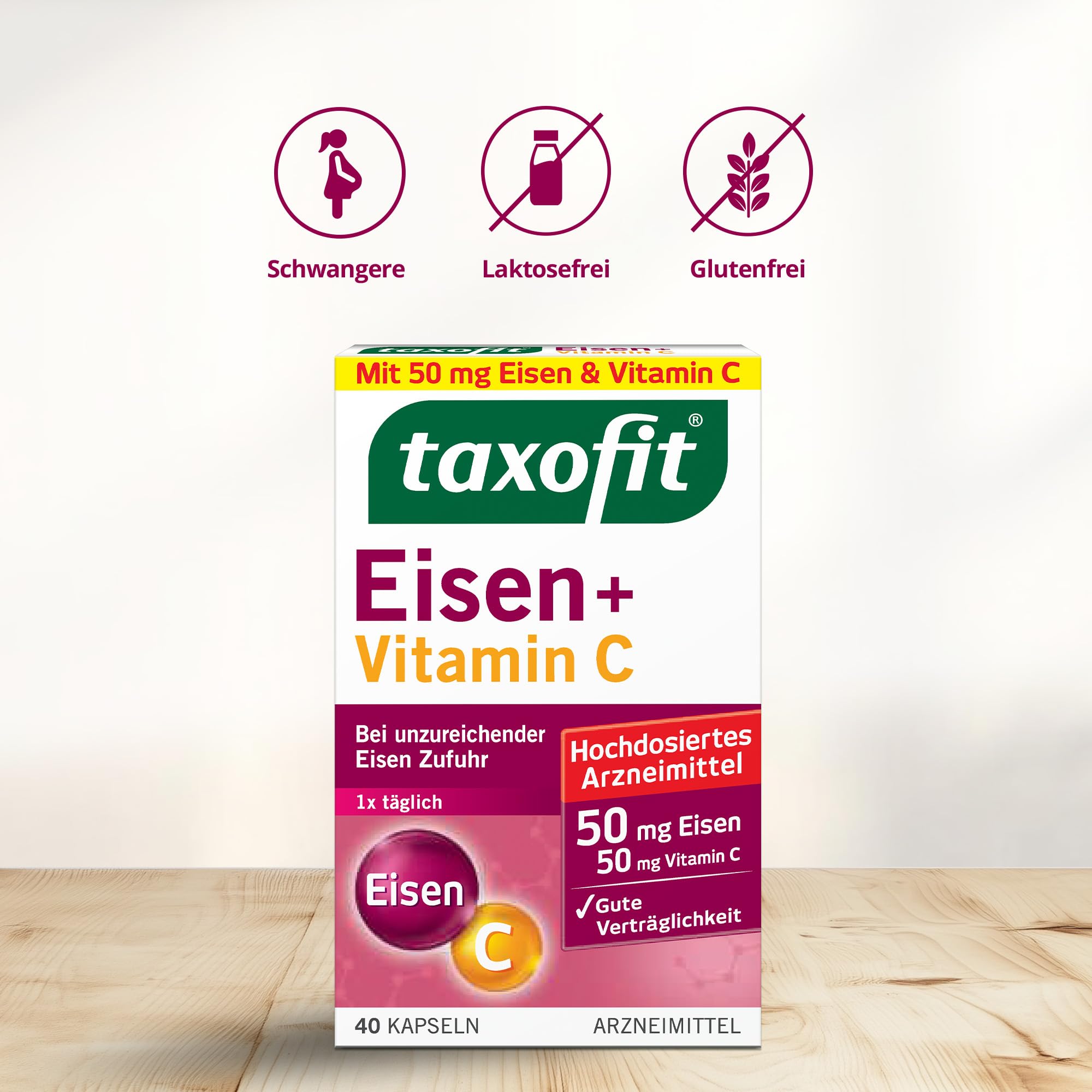 taxofit Eisen + Vitamin C | Bei unzureichender Eisenzufuhr | Kapseln | 5 x 40 Stück
