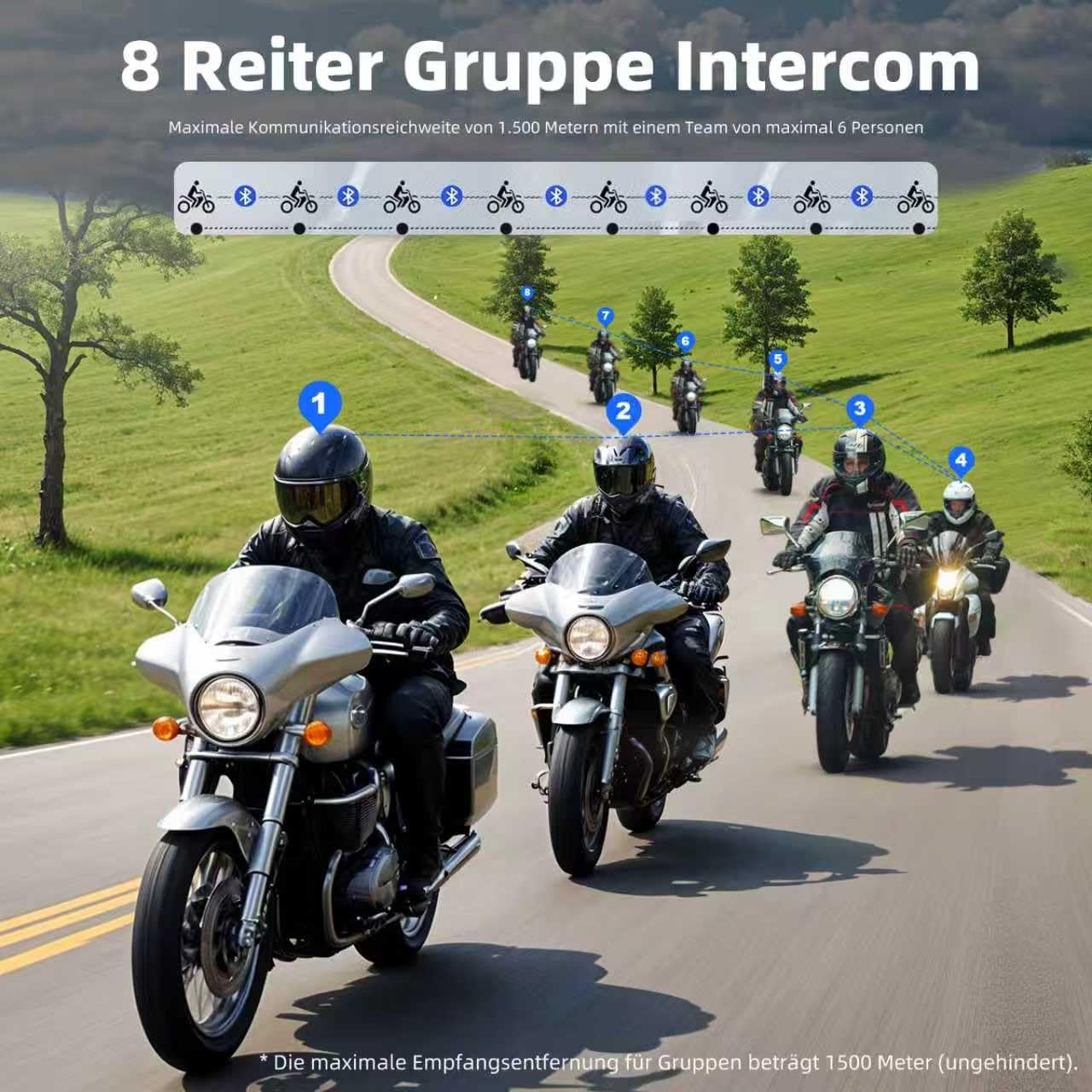 R16 motorrad headset –intercom motorrad mit Dual-Chip, Multi-Audio,motorrad kommunikationssystem für 6-8 Personen Gruppe – Kompatibel Musik teilen & FM-Radio, mit Anderen Marken IP67