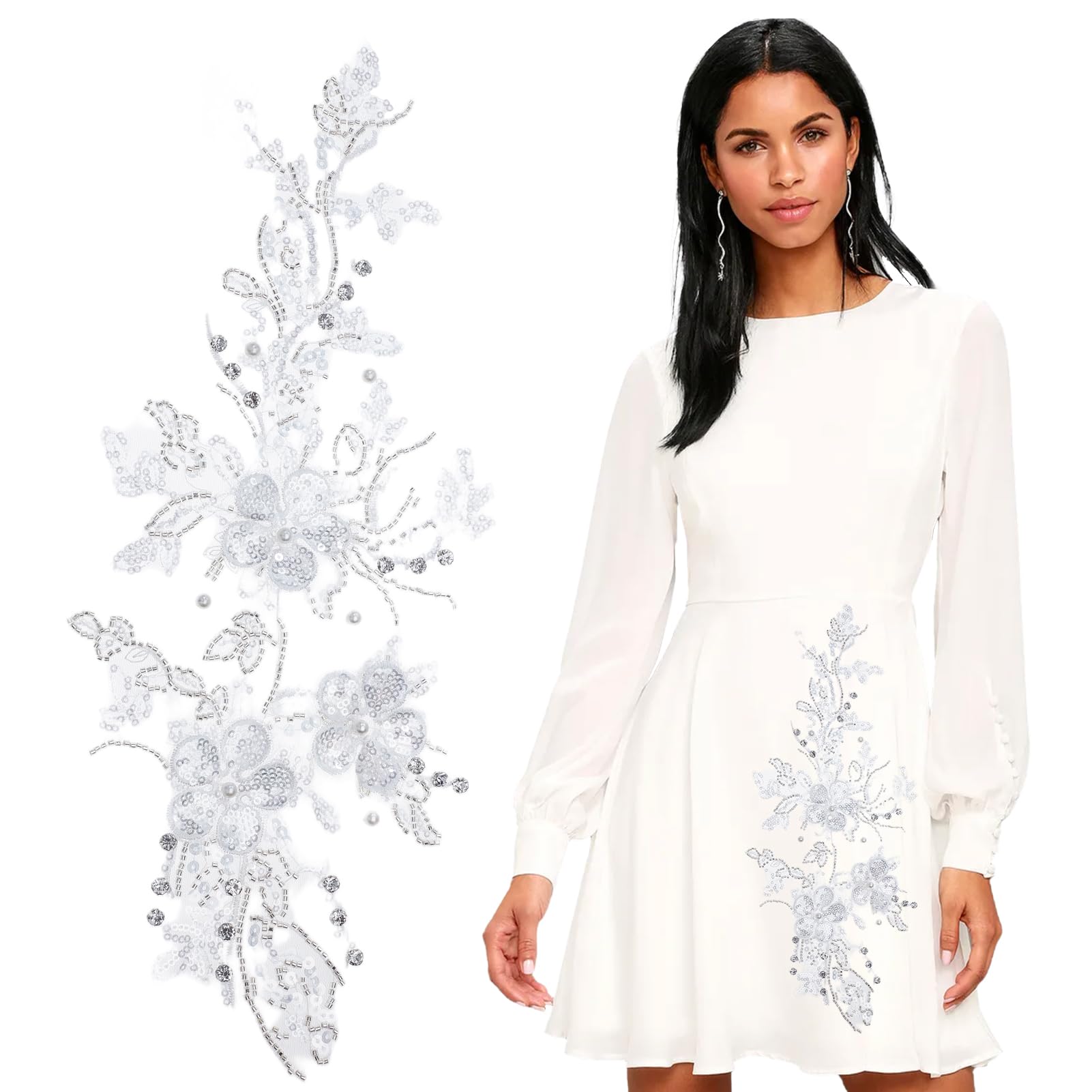 2 pz. Applique In Pizzo con Fiori di Strass, Toppa Ricamata con Perline e Paillettes, Toppa Da Cucire con Perline di Lusso, Ricamata con Fiori Bianchi, per Abiti Da Sposa e Decorazioni.