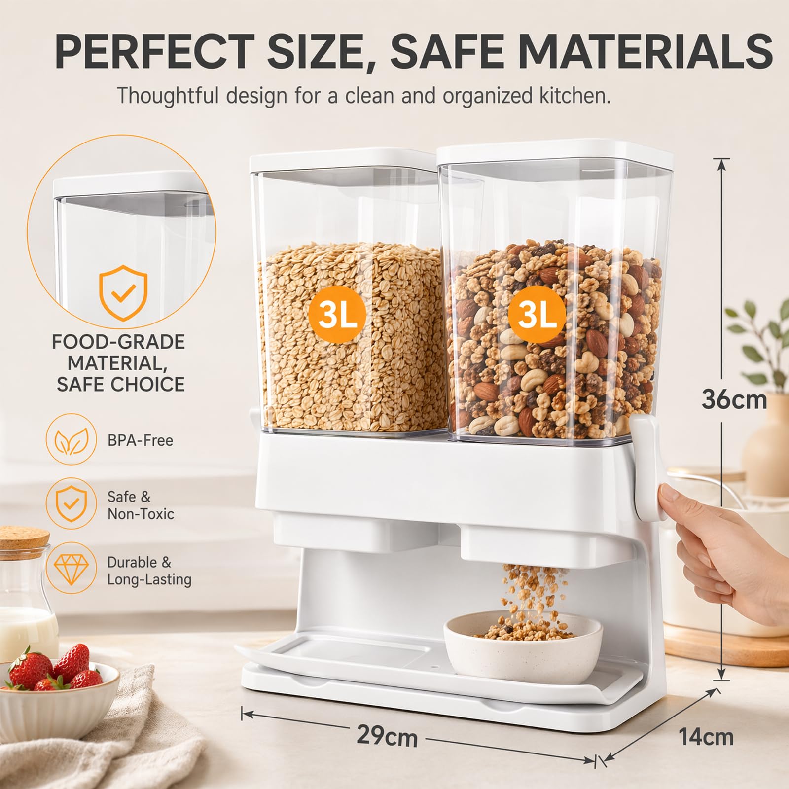Juego de 2 dispensadores de cereales, 2 dispensadores de cereales de 3 L, a prueba de fugas y aptos para alimentos, recipientes transparentes herméticos para cereales, nueces, granos de café y avena