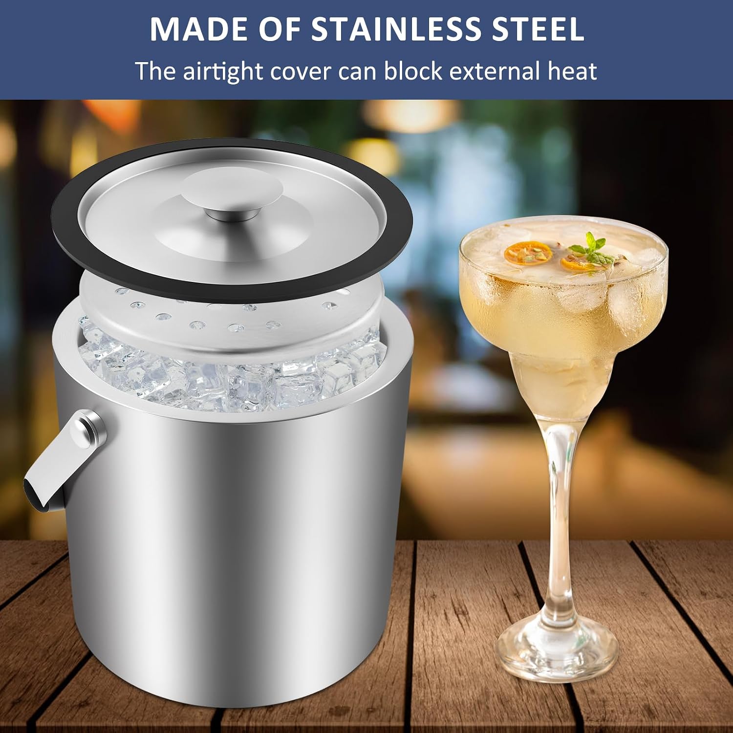 3L Ice Bucket with Lid - Double-Wall, Stainless Steel, Ergonomic Handling, Insulated Ice Bucket with Strainer, Scoop and Tongs for Home, Restaurant, Outdoor & Indoor Parties - Bar Accessories
