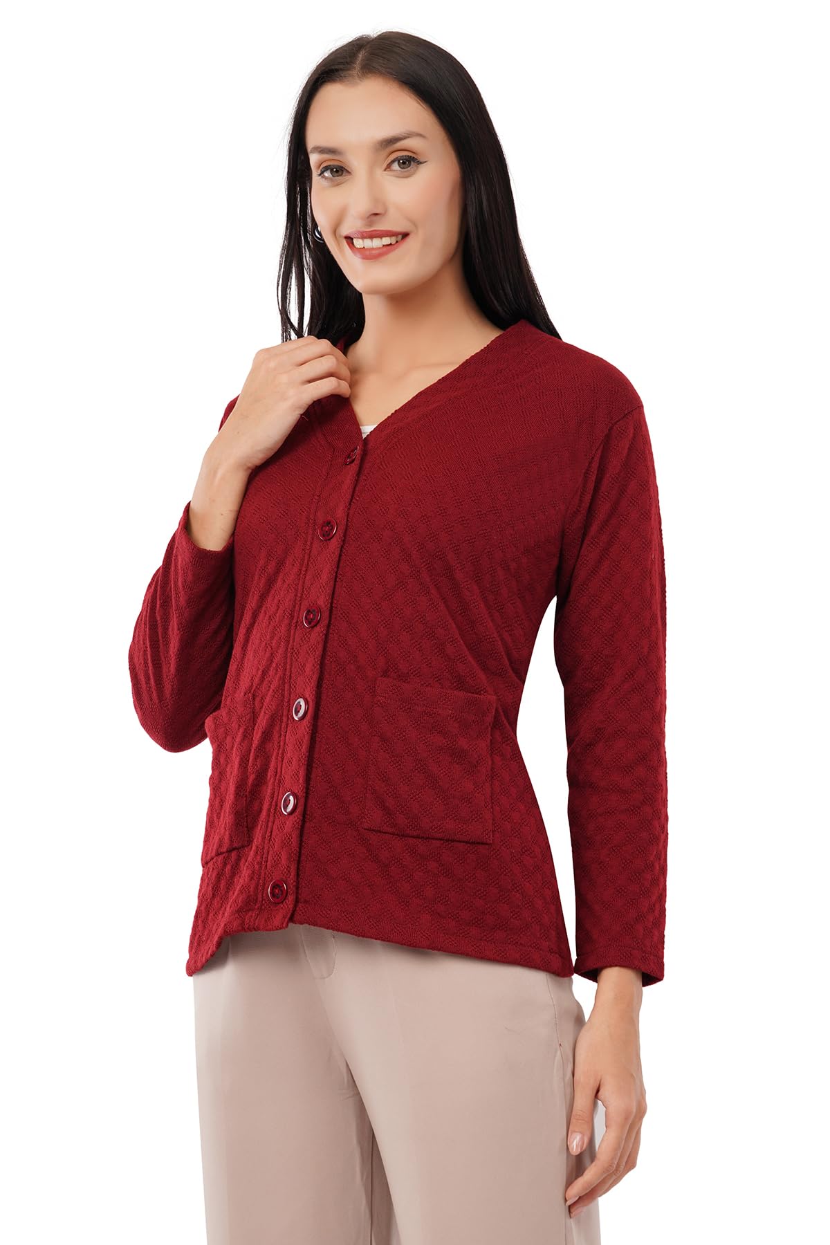 URBANROCK Women Wollen v-Neck Cardigan Sweater for Winter wear with Front Pockets Plus Size Also Available (in, Alpha, 2XL, Regular, Maroon) - Image 2 thumbnail