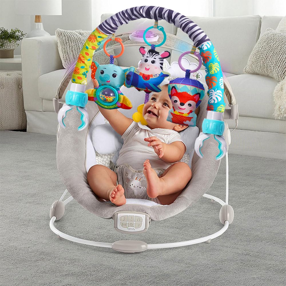 Arco móvil para cochecito de bebé con abrazaderas universales, barra de actividad con clip para moisés, gorila, cuna, asiento de automóvil, juguetes musicales para bebés con chirriador de elefante y 6