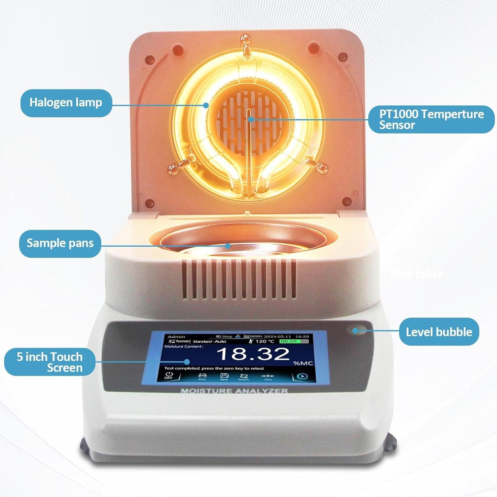 Analizzatore di umidità, tester digitale per cereali e alimenti, capacità 120 g, 3 modalità di asciugatura, riscaldamento rapido 40-160 °C, per laboratorio, agricoltura, medicina, polvere, prodotti