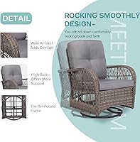 Vista 3 de MEETWARM Juego de 3 piezas de mimbre giratorio para patio al aire libre, mecedoras, juegos de muebles de patio de ratán con cojín grueso y mesa