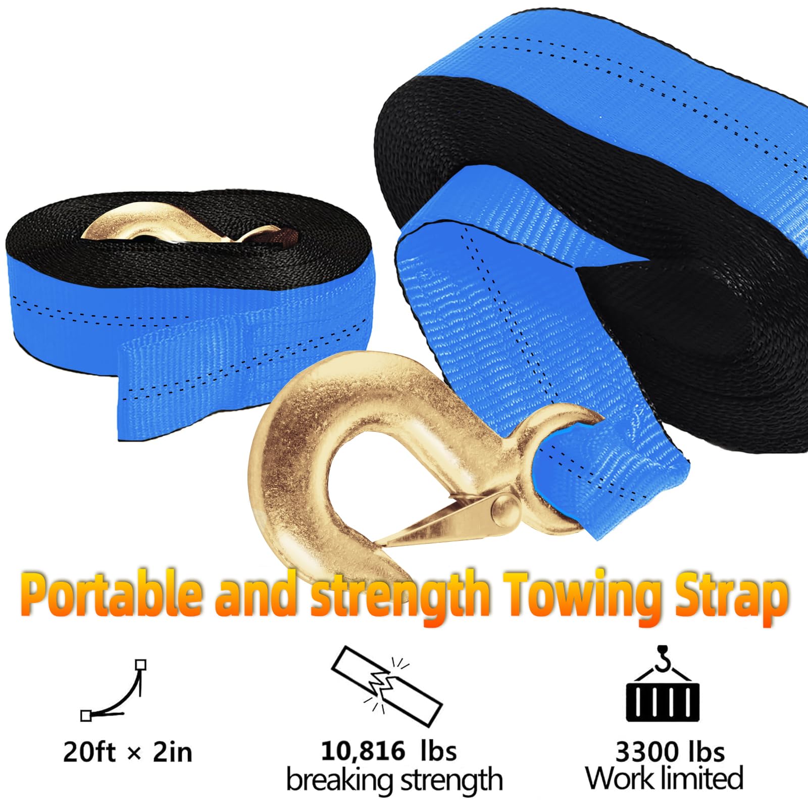 Seamander Boat Winch Strap with Hook,Boat Trailer Winch Strap 2in*20ft 10,816lbs Breaking Strength,Hand Winch Replacement for Fishing Boats,Boat Trailer,Towing Vehicles,Automotive Towing and Jet Ski