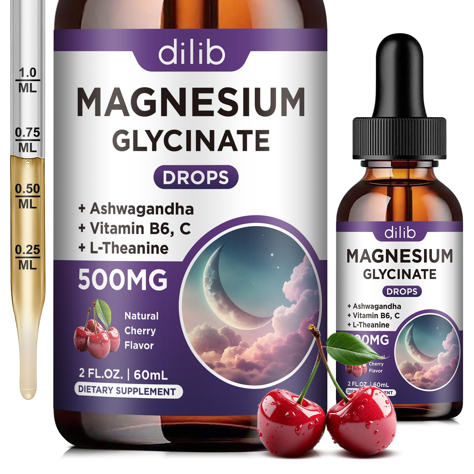 Magnesium Glycinate Liquid Drops 500mg, with Vitamin B6, Ashwagandha, L - Theanine, Chamomile, Magnesium Glycinate Supplement High Absorption for Sleep, Stress, Energy, Mood - Cherry Flavor Cherry 2 Fl Oz (Pack of 1)