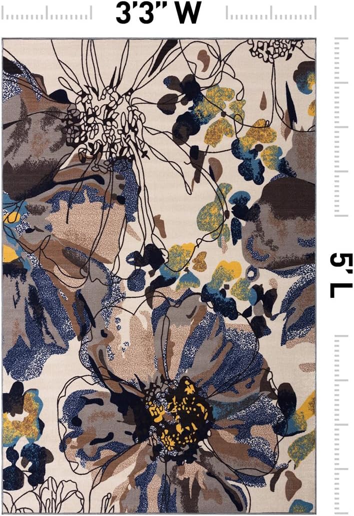 Rugshop Cream Bright Flowers Non Slip Non-Shedding Area Rug for Bedroom, Living Room and Home Office, 3'3" x 5'