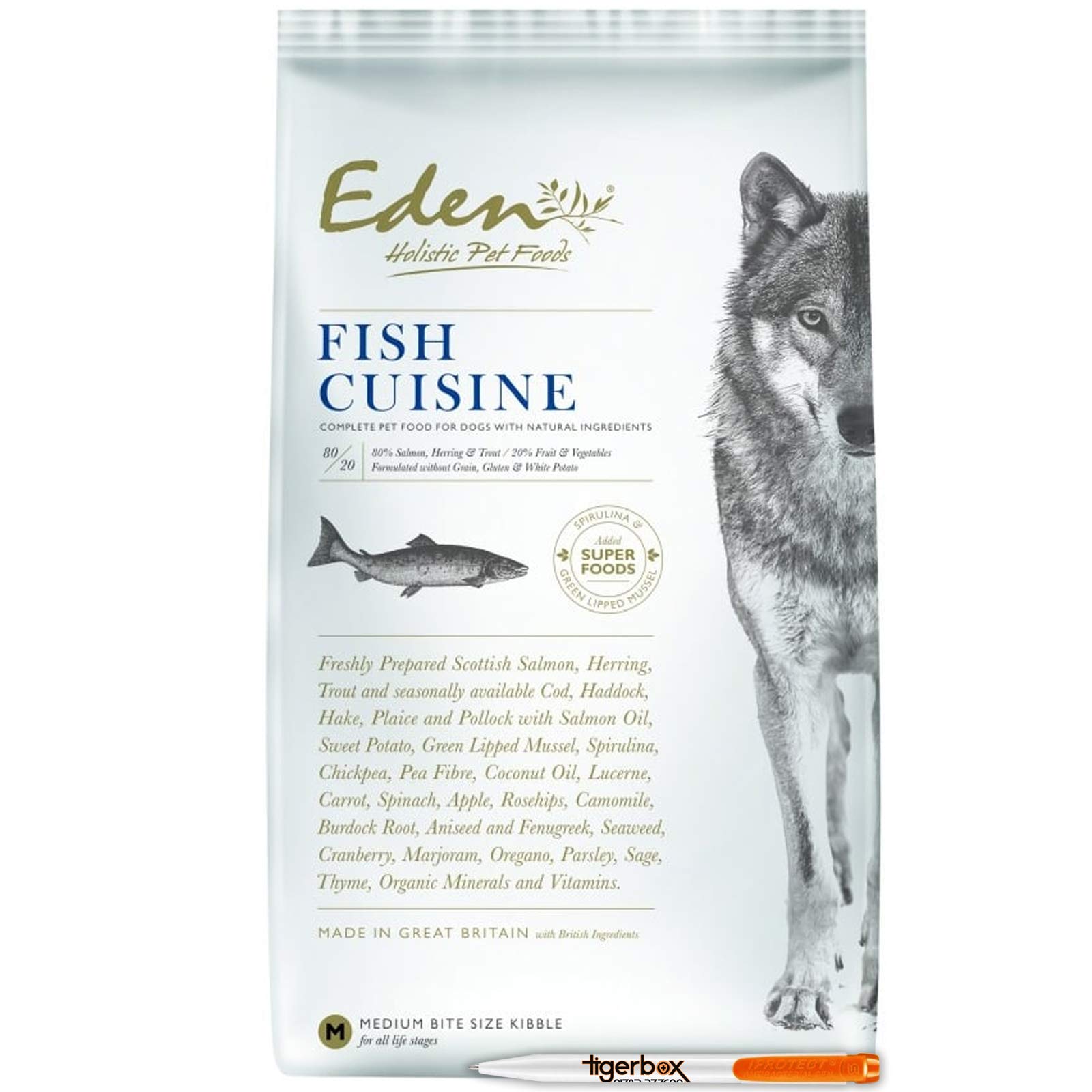 2KG Medium Kibble Eden 80/20 Fish Cuisine Dry Dog Food Suitable for Puppies, Adult and Senior Dogs AND Tigerbox® Antibacterial Pen!