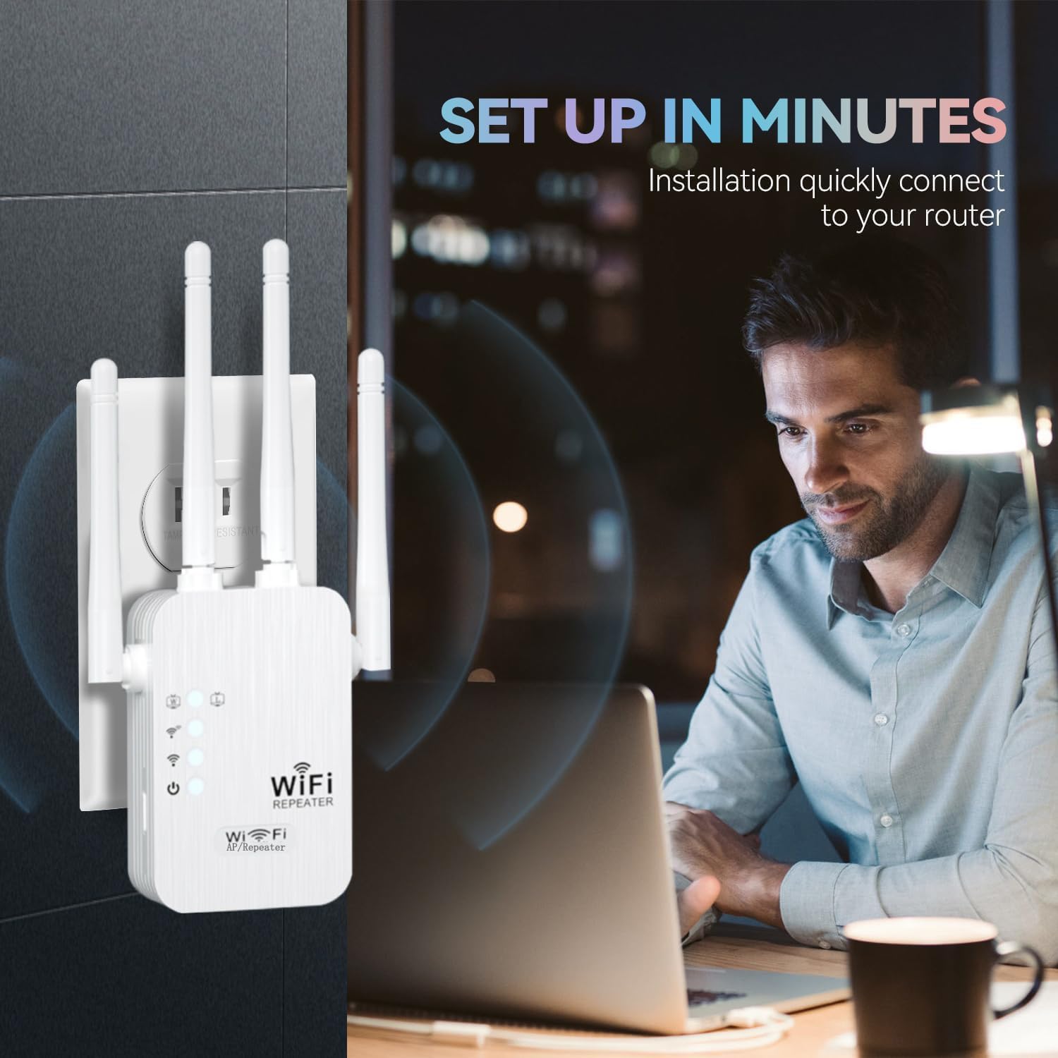 Repetidor WiFi, Amplificador WiFi 1200 Mbps, 5GHz/2.4GHz Potente Repetidor WiFi 4 Antenas, Puerto Ethernet Gigabit, WiFi Extender Booster Compatible con Todas Las Cajas de Internet, Aumenta la