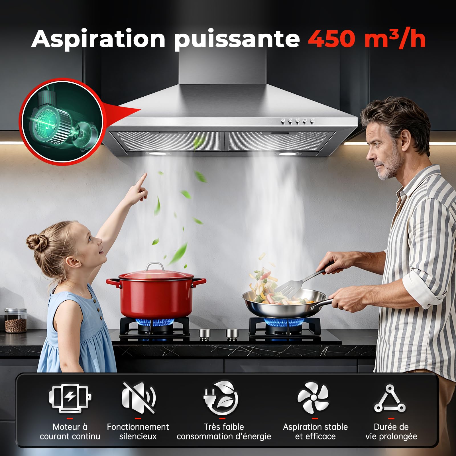 Hotte Aspirante 60cm 450m³/h Classe A+++ Inox 3 Vitesses Éclairage LED Filtre à Charbon Inclus