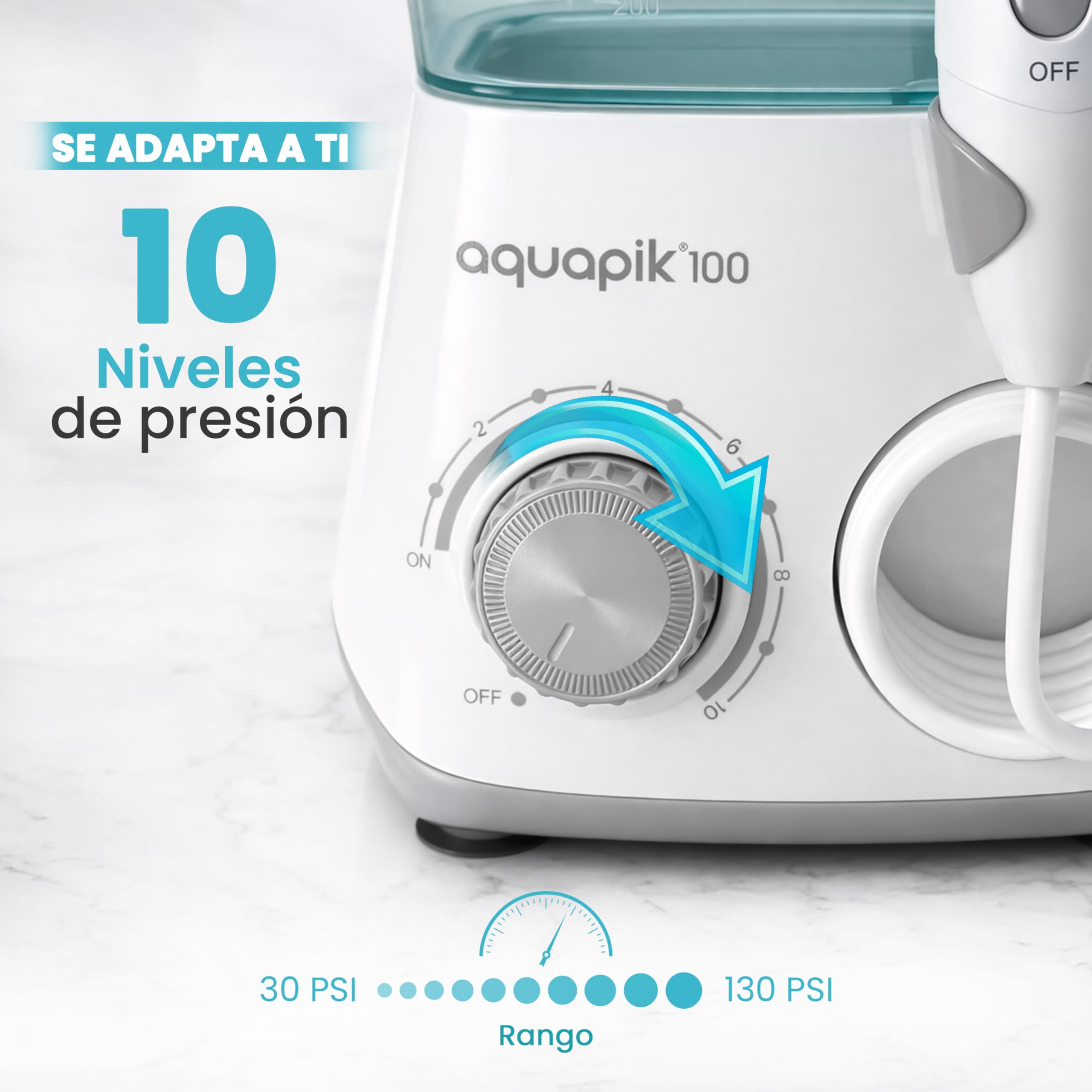 Irrigador dental Aquapik100® profesional waterflosser limpieza profunda 10 niveles de presión 8 boquillas depósito 600ml para encías sensibles ortodoncia puentes implantes elimina placa dental Blanco