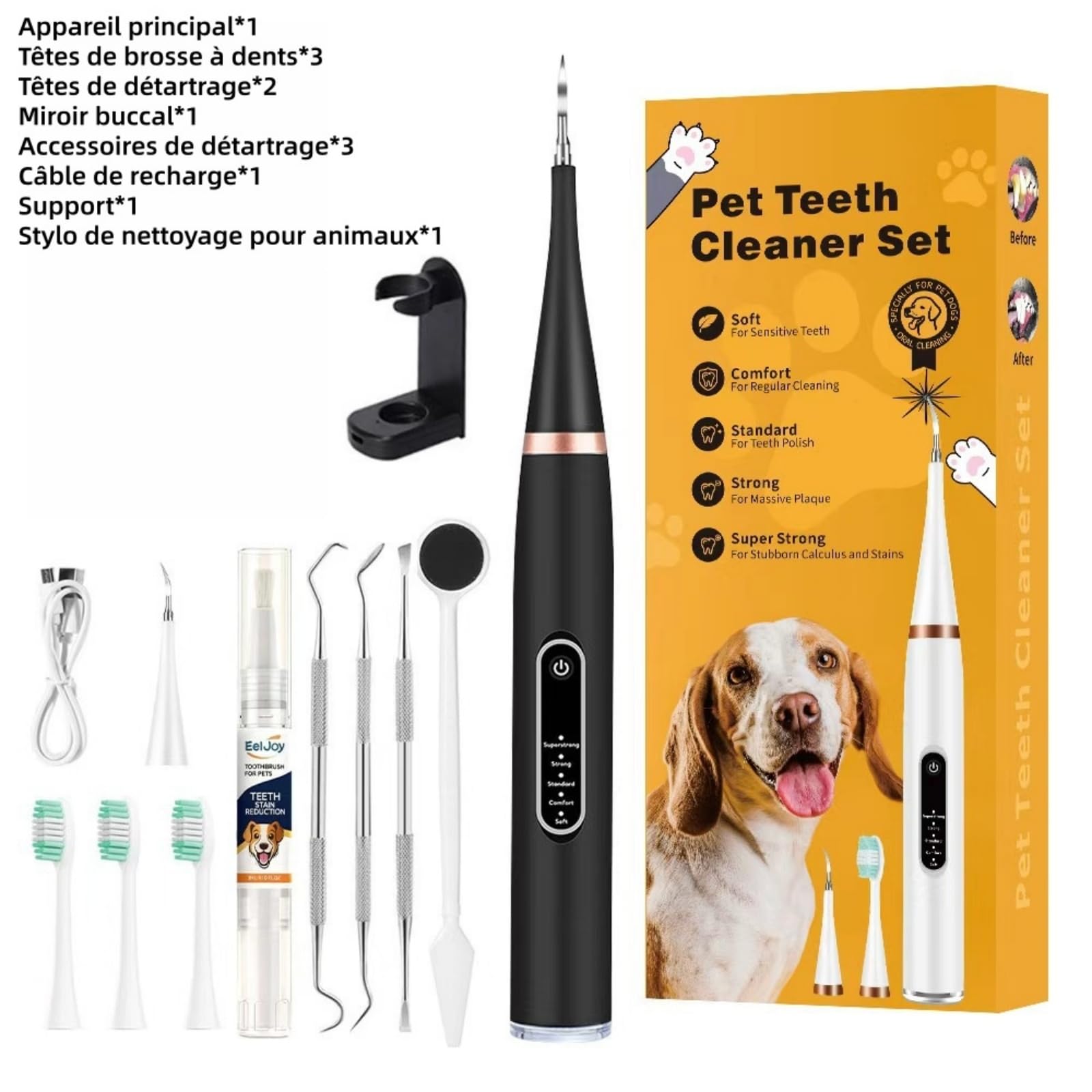 Zampadent Dispositivo Professionale Per La Pulizia Dentale Del Cane,Kit Pulizia Denti Elettrico 6 Modalità,IPX6,Ricaricabile USB Type-C,Rimuovi Tartaro e Placca Dentale
