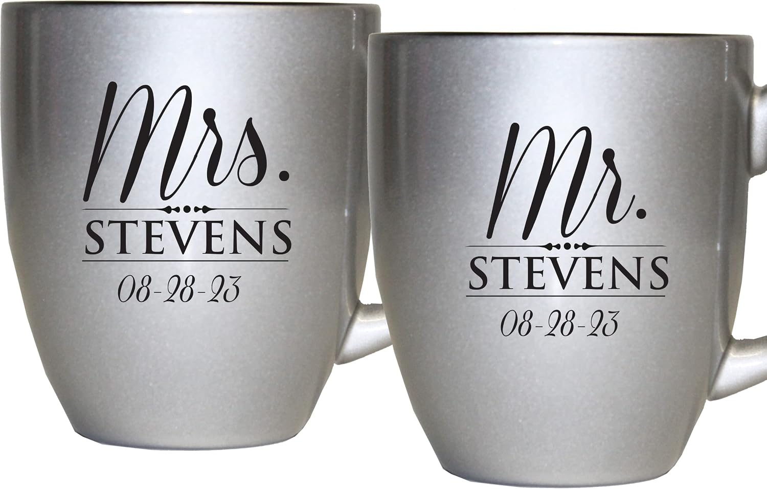 Set of 2 Personalized Mr. and Mrs. Coffee Latte 16oz Mugs for Couple - Custom Engraved Mug Gift for Bride, Groom His, Hers, Husband, Wife (Silver)
