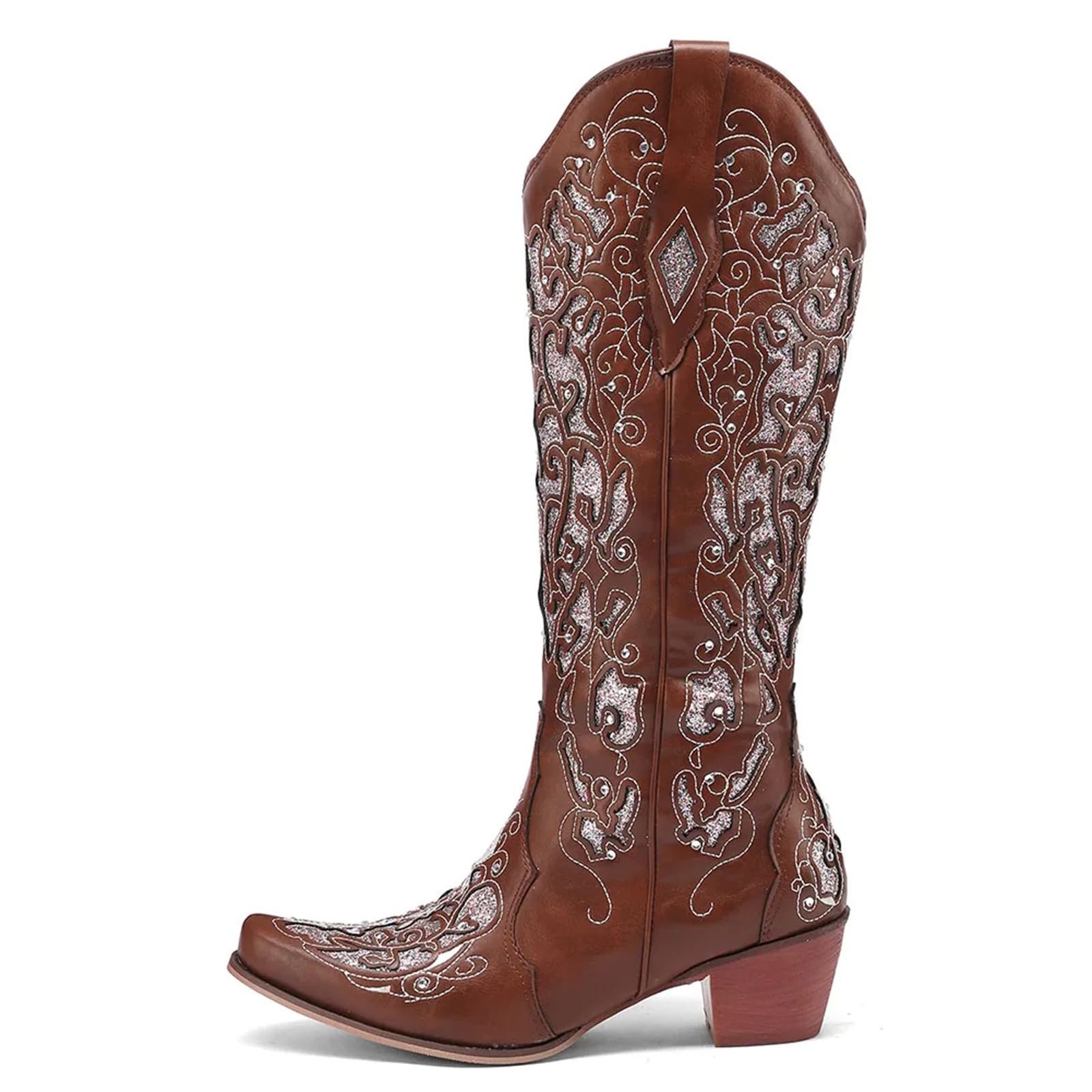 Lmtossey Bling Crystals Retro Western Cowboy stivali alti al ginocchio per donna cucito floreale Cowgirl scarpe