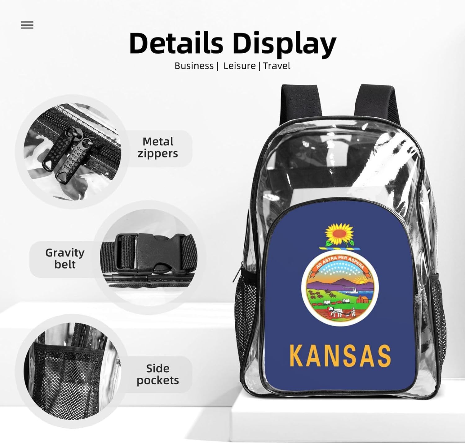 Kansas State Flag Print Unisex Transparent Backpack Set Travel Outdoor With Clear 3-Piece Lunch Pen Case