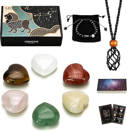 Consine Juego de caja de piedra de horóscopo, regalo de cristal en forma de corazón de Leo, piedras de amor del signo del zodiaco para piedras