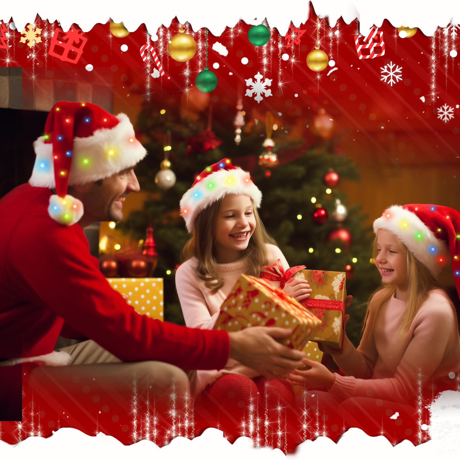 Sombrero de Papá Noel de felpa, iluminado, divertidos sombreros de Navidad para niños y adultos, juego de sombreros de Papá Noel para adultos, sombrero de Papá Noel rojo esponjoso (niños, 1