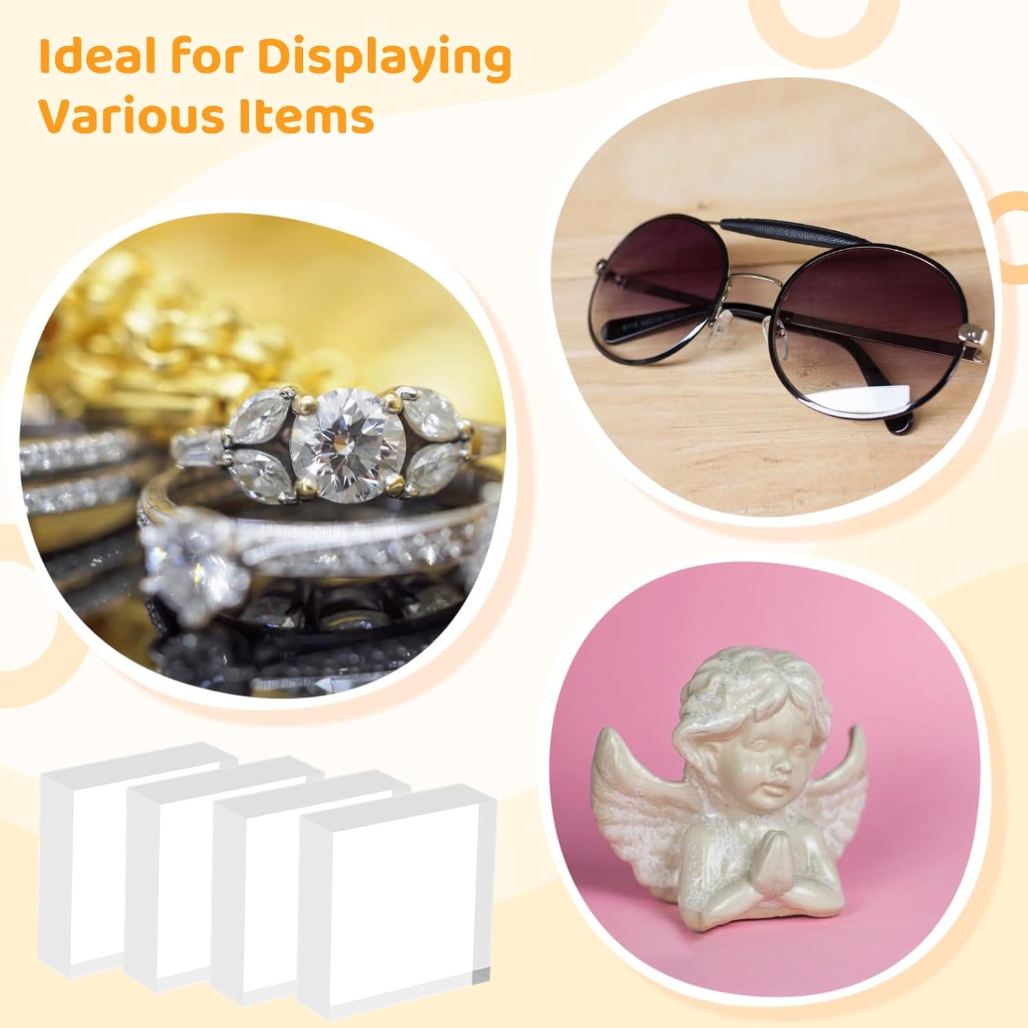 16 Pcs Acrylic Display Blocks, 3x3x1 Inch Clear Square Risers, Polished Ring Display Holder Bases