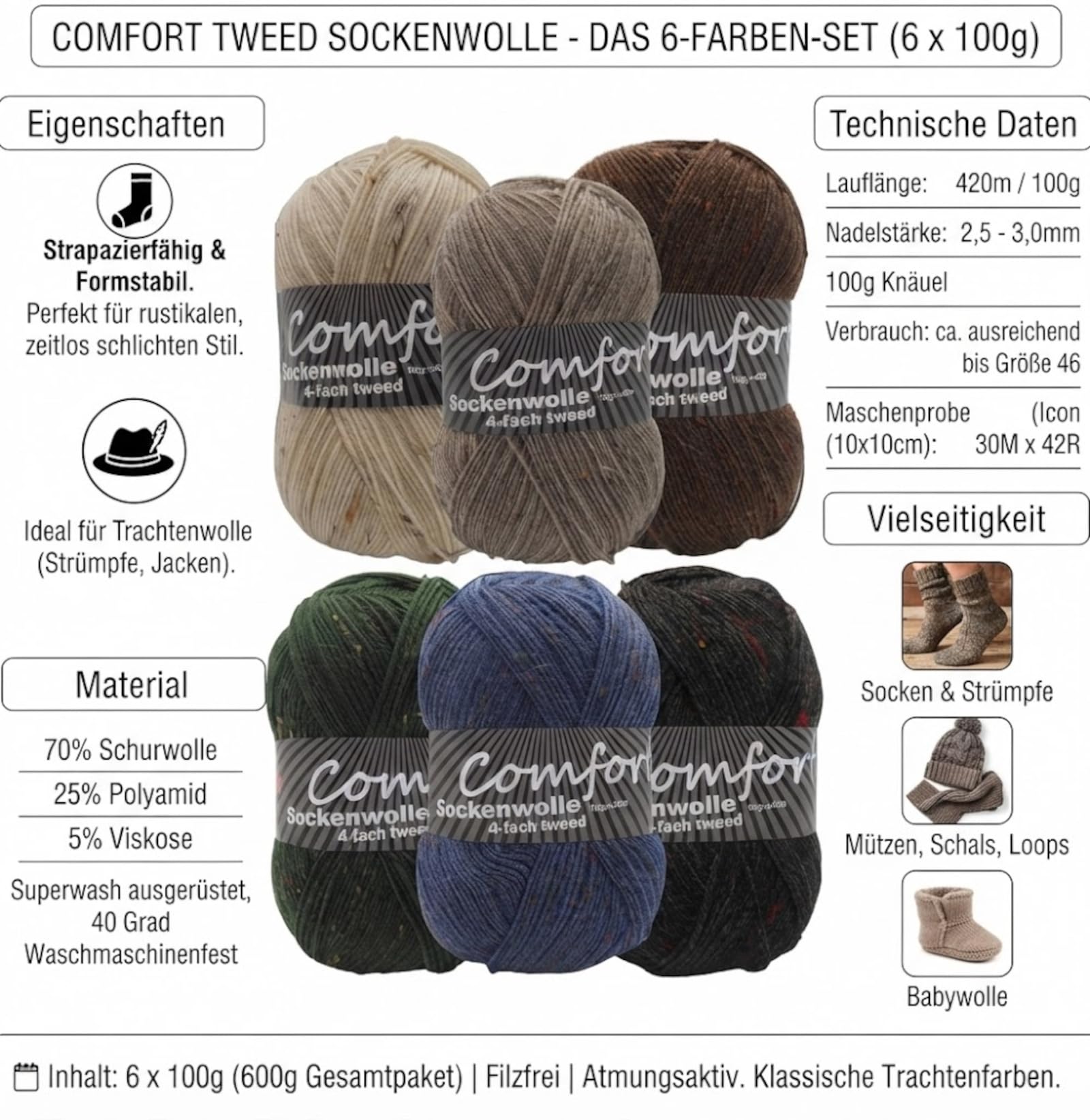 x 100g Comfort Sockenwolle, Strumpfwolle, Tweed, 4-fädig - 100g Knäuel - 420m Lauflänge - Nadelstärke 2,5 - 3,0mm klassische Trachtenfarben