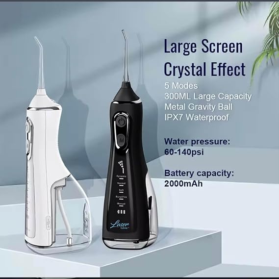 LaserGlow Cordless Water Flosser with LCD Screen, 5 Cleaning Modes, 50-Day Battery Life, IPX7 Waterproof, 300ml Tank (Satin Black)